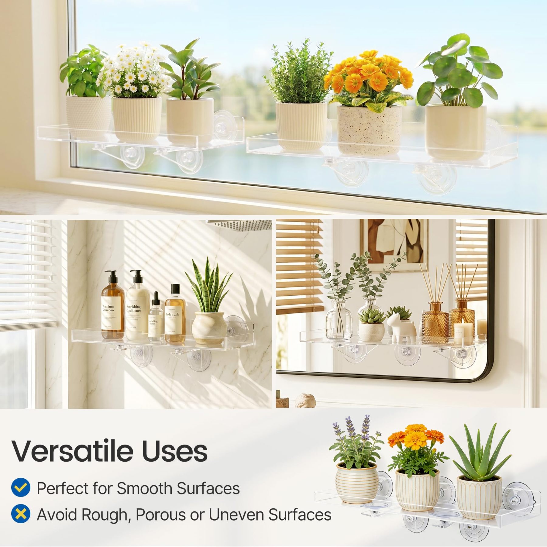 2 Pack 15.7 x 5.9 Inch Acrylic Window Plant Shelves, Heavy Duty Suction Cup Floating Shelf with Support Bracket for Indoor Succulents Plants
