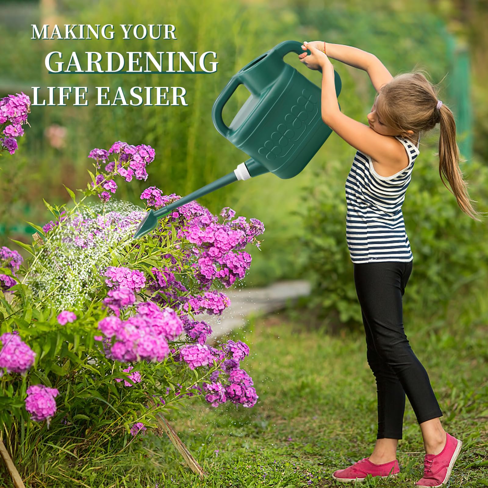 2 Gallon Plastic Watering Can, Large Garden Water Can with Removable Long Spout & Stainless Steel Sprinkler Head for Outdoor Flower Plants