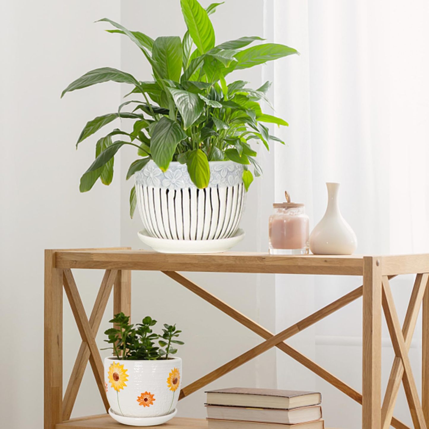 Ceramic Plant Pots Set of 3, 6.75/5.6/4.2 Inch Planters with Drainage Holes & Saucers, Modern Decorative Flower Pots for Indoor Outdoor House Plants, Succulents & Garden Decor