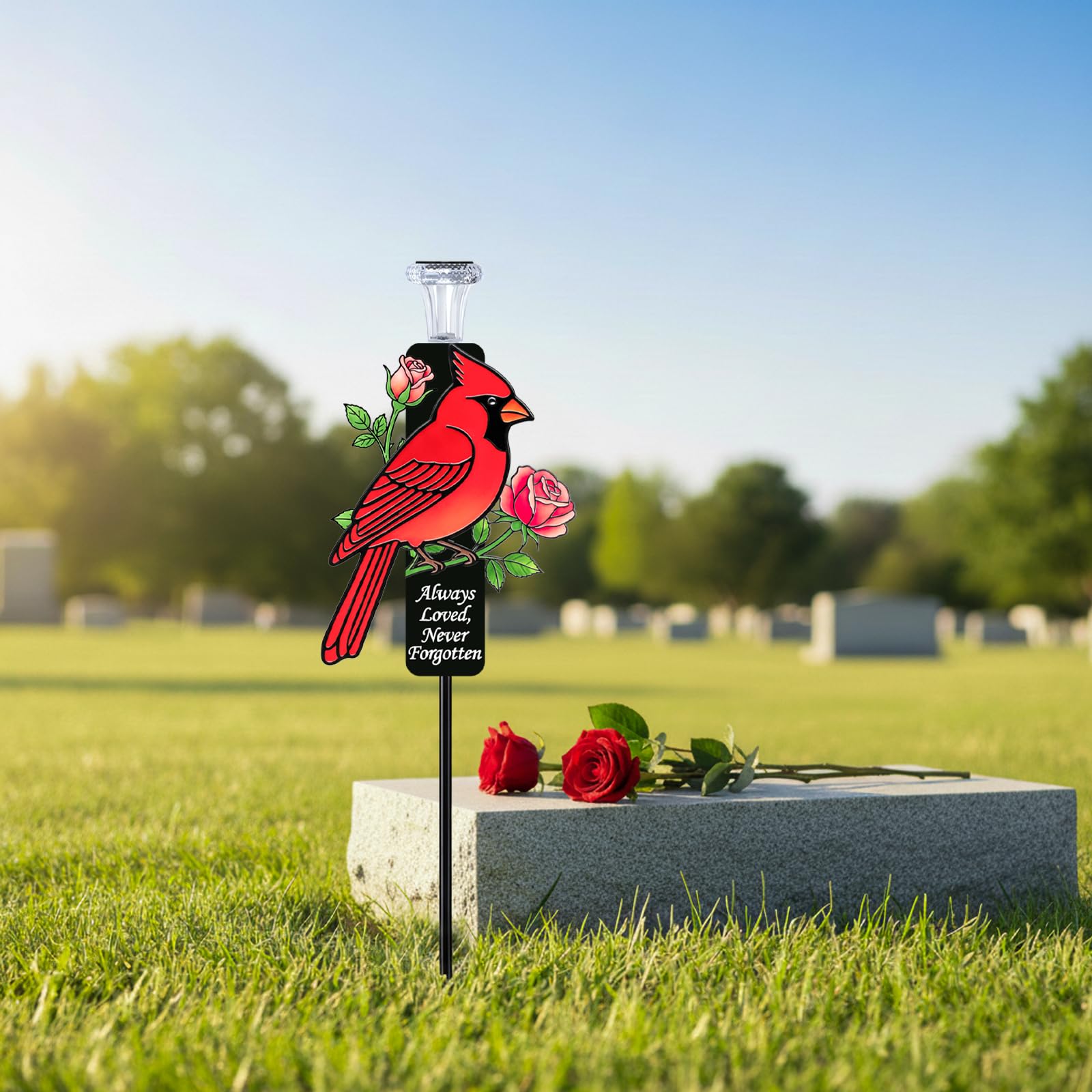 Red Cardinal Solar Memorial Stakes, Metal Cemetery Grave Decor with LED Lights, Sympathy Bereavement Gift for Loss of Mom, Grandma & Loved Ones