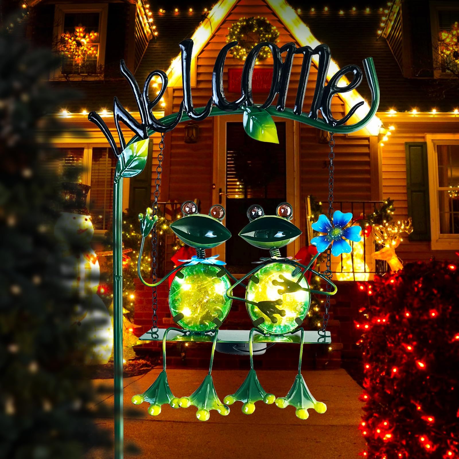 48 Inch Solar Frog Swing Garden Stake, Waterproof Outdoor Landscape Lights with Welcome Sign, Decorative Yard Patio Ornament, Gift for Mom & Women