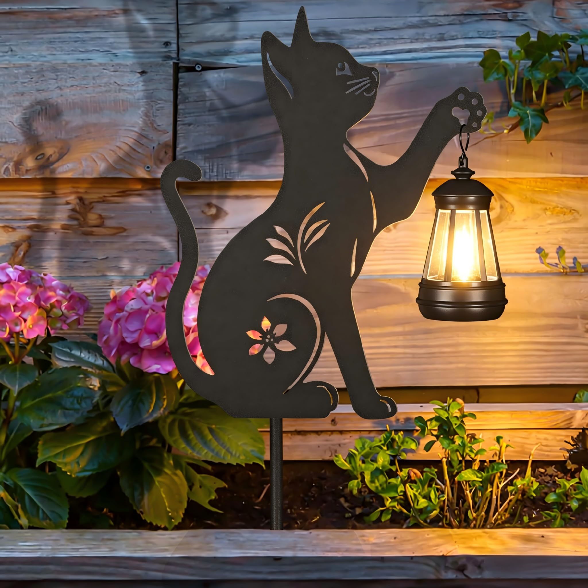 2 Pack Solar Cat Lantern, Hanging Black Cat Solar Lights, Metal Garden Stakes Statue for Yard Lawn Patio Decor, Ideal Gifts for Mom Grandma Women
