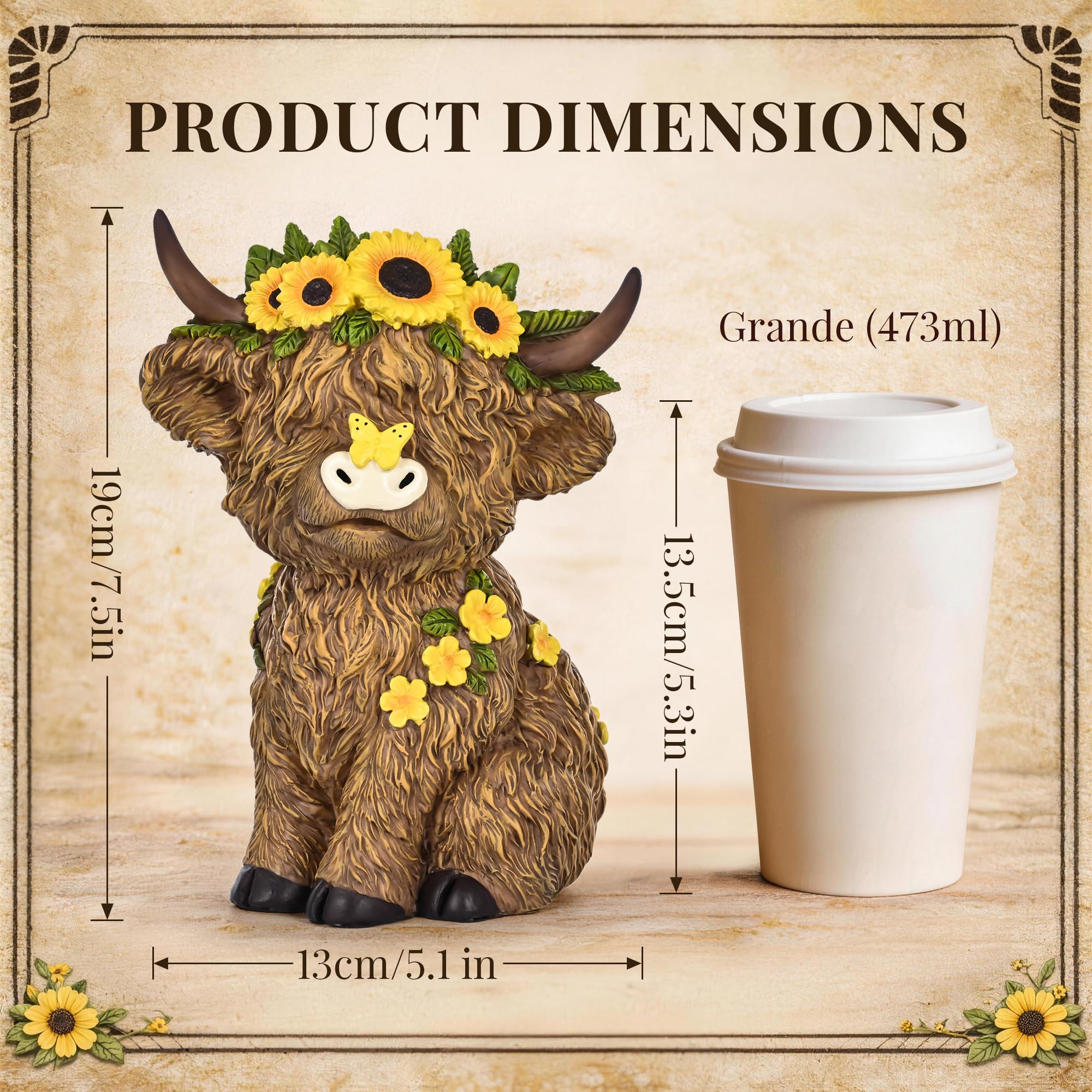 8 Inch Highland Cow Statue, Resin Highland Cow Figurine Indoor Outdoor Decor for Patio Yard Lawn Windowsill, Lovely Garden Gift for Mom & Friends