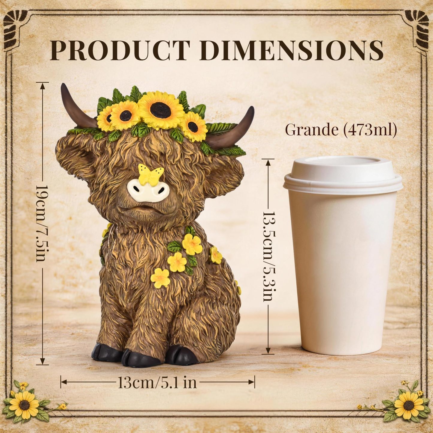8 Inch Highland Cow Statue, Resin Highland Cow Figurine Indoor Outdoor Decor for Patio Yard Lawn Windowsill, Lovely Garden Gift for Mom & Friends