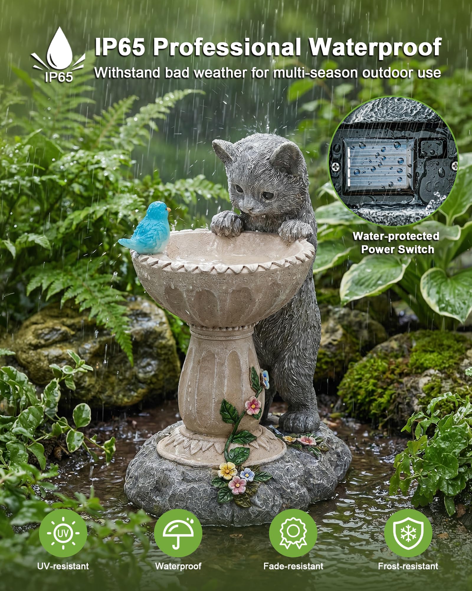 Solar Powered Cat Garden Statue with Auto LED Lights, IP44 Waterproof Resin Outdoor Figurine for Yard Patio Balcony, Unique Birthday Gift for Mom, Grandma & Bird Lovers