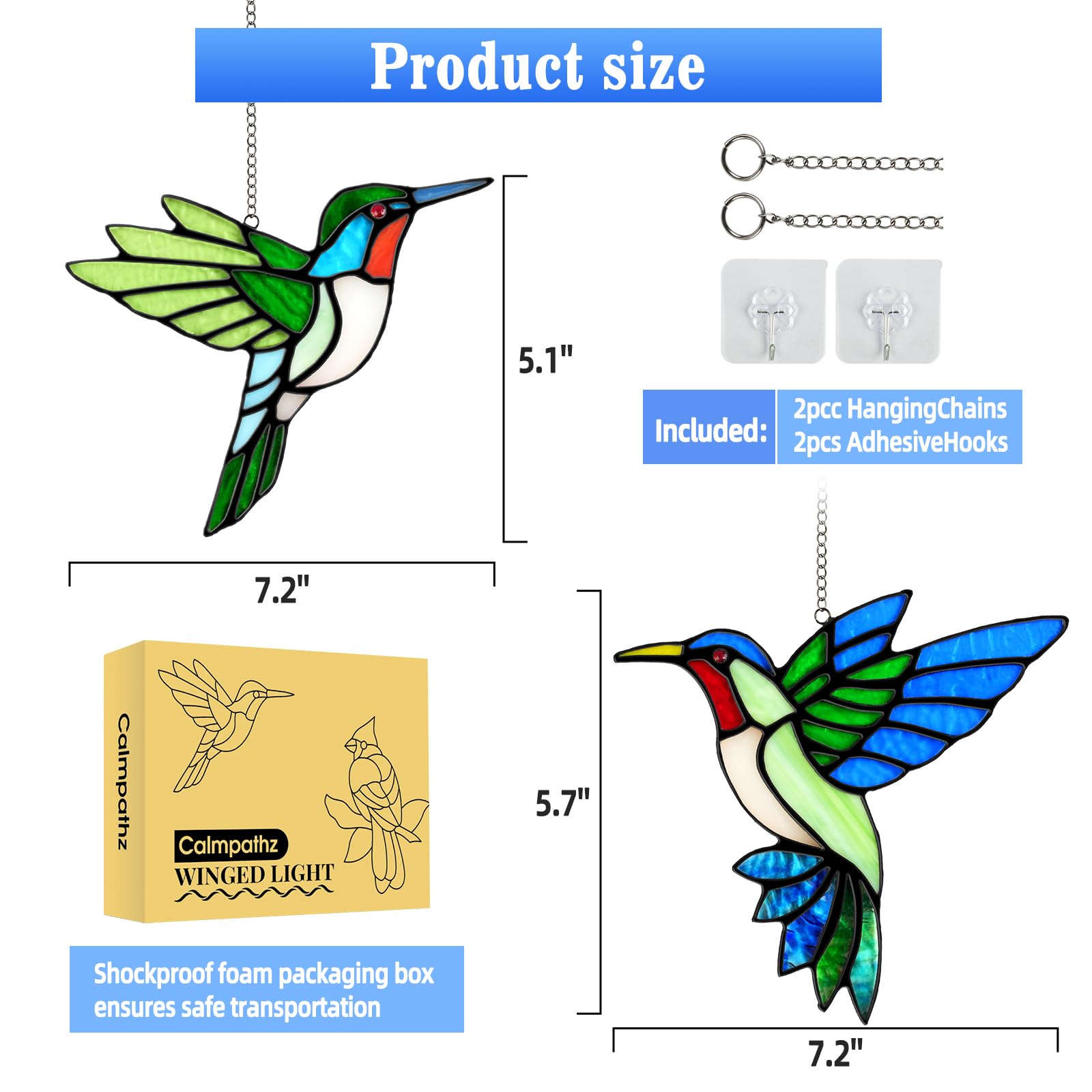 2 Pack Handmade Hummingbird Stained Glass Suncatcher, 6 Inch Glass Window Hanging Ornament with Copper Foil Edges, Suction Hooks Included, Bird Lover Gift for Mom Grandma Women