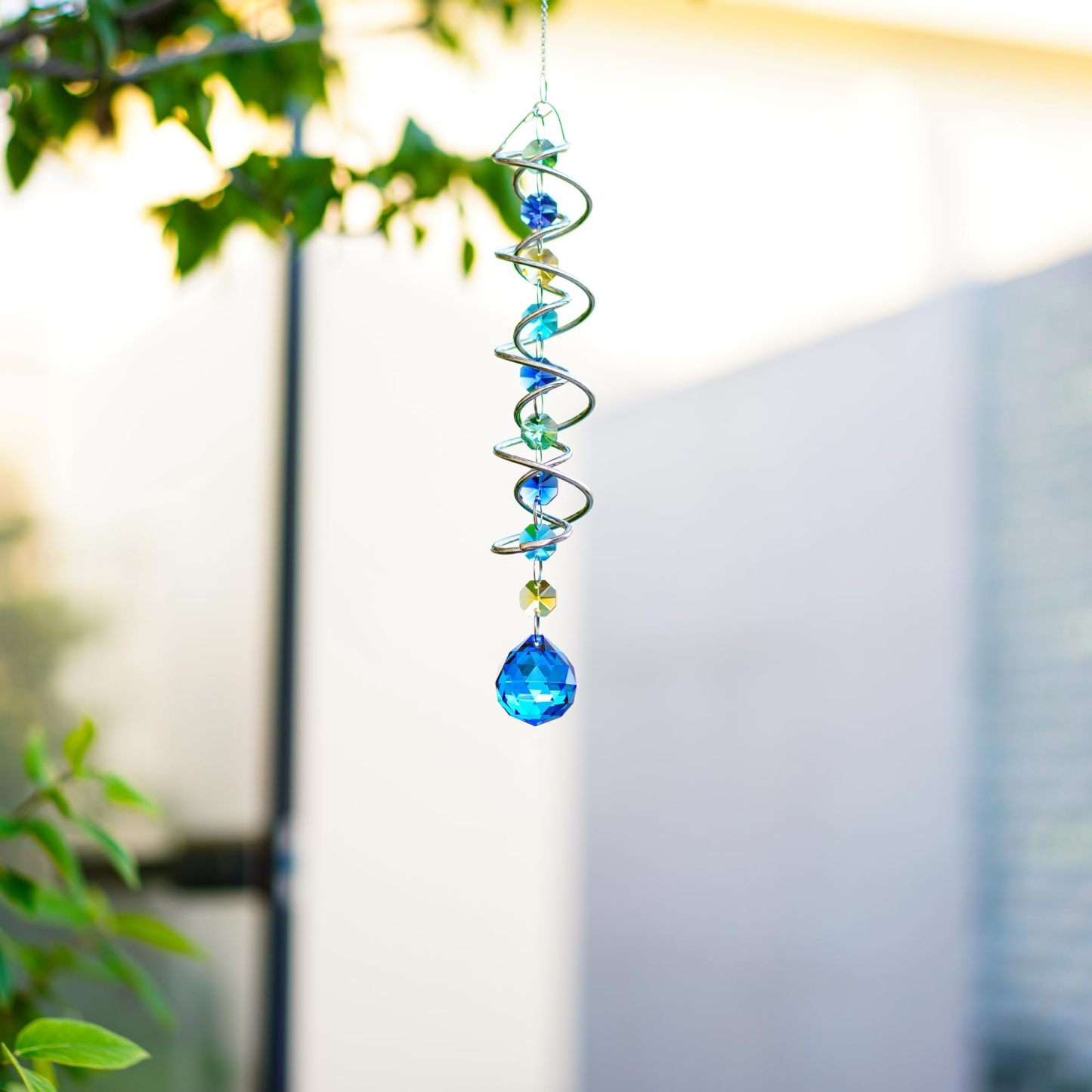 20.5 Inch Double Spiral Wind Spinner with Sea Blue Crystal Gazing Ball, Hanging Sun Catcher Rainbow Maker for Indoor Outdoor Decor