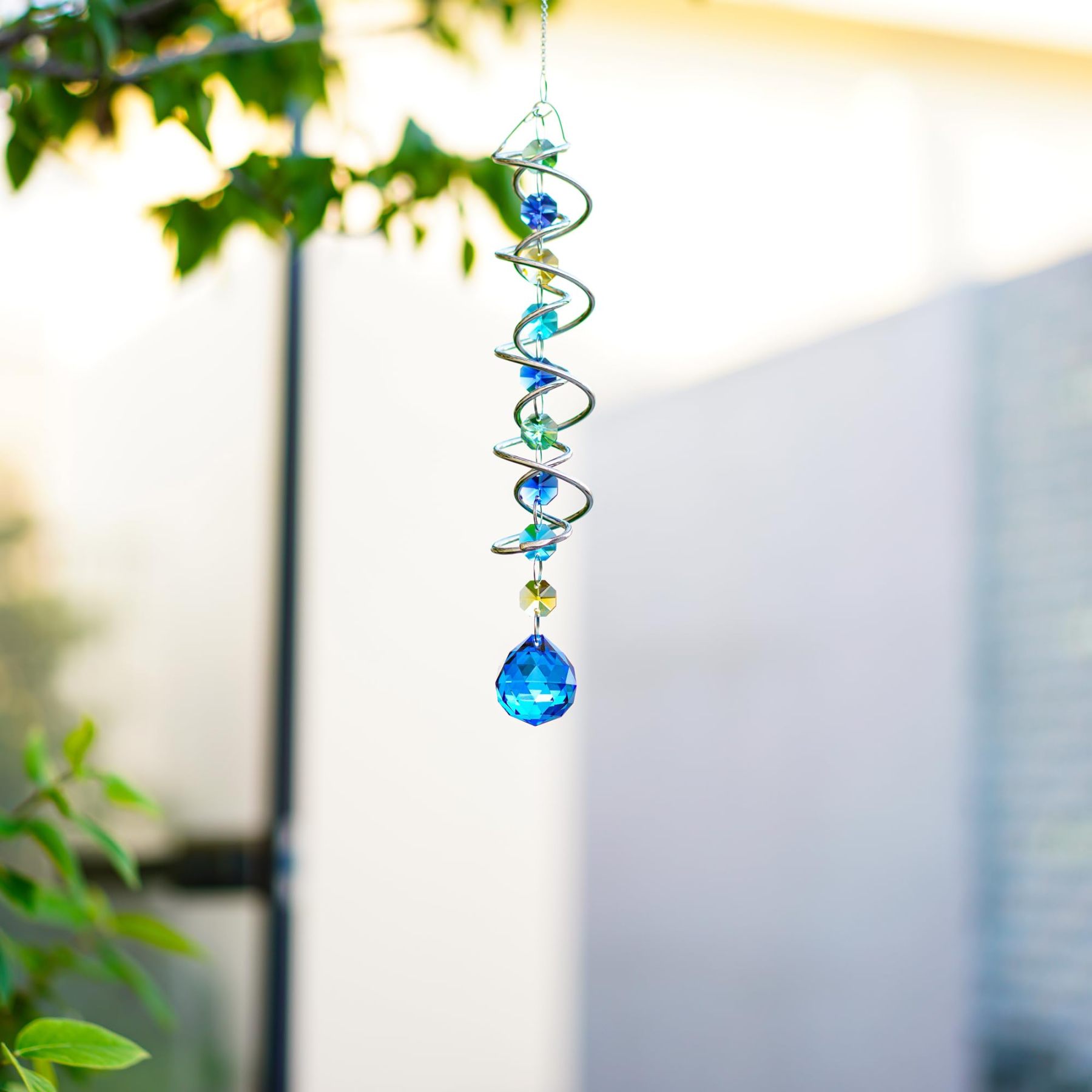 20.5 Inch Double Spiral Wind Spinner with Sea Blue Crystal Gazing Ball, Hanging Sun Catcher Rainbow Maker for Indoor Outdoor Decor