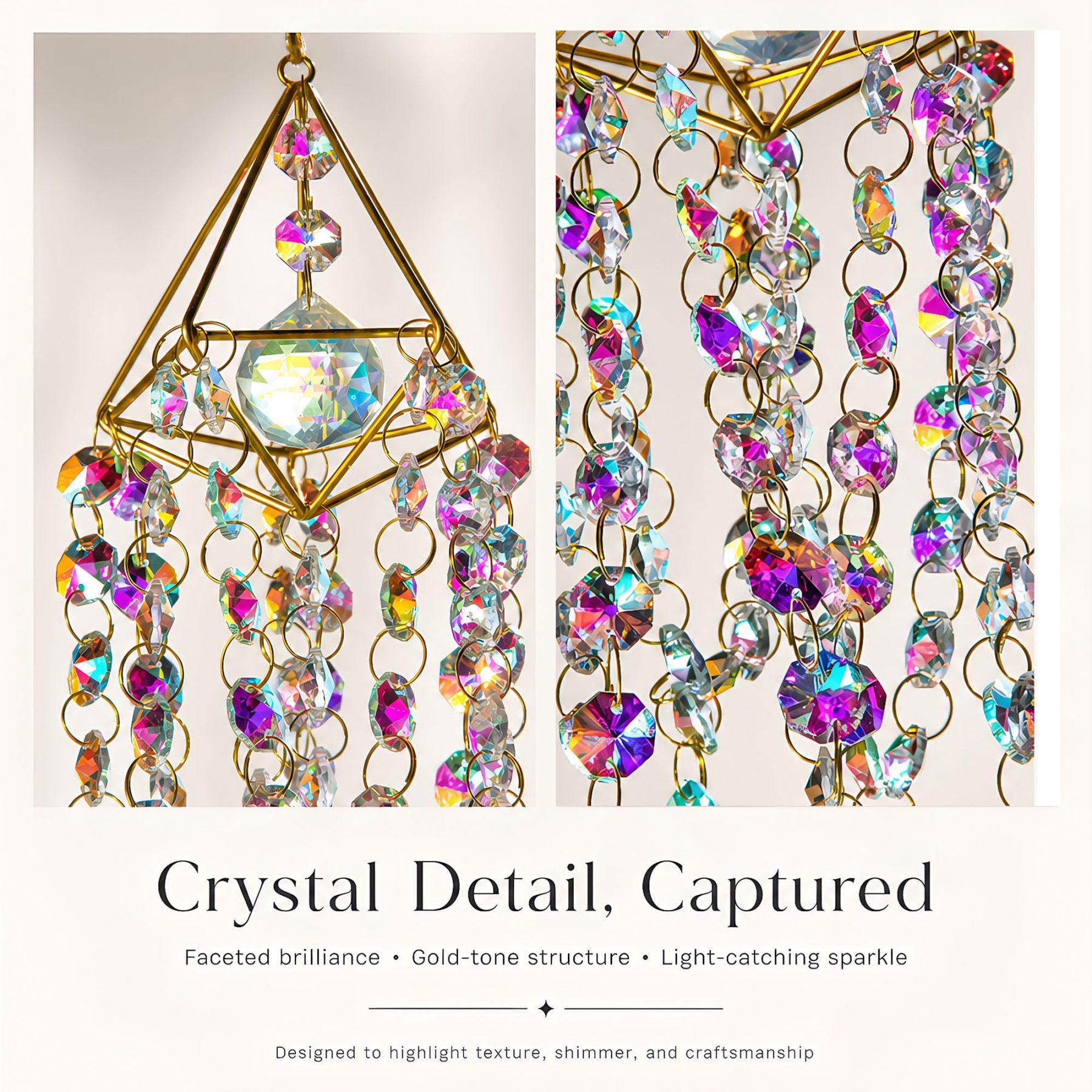 Handmade Gold Plated Crystal Suncatchers | Window Hanging Rainbow Prism Sun Catcher, Indoor Outdoor Garden Wind Chime Decor