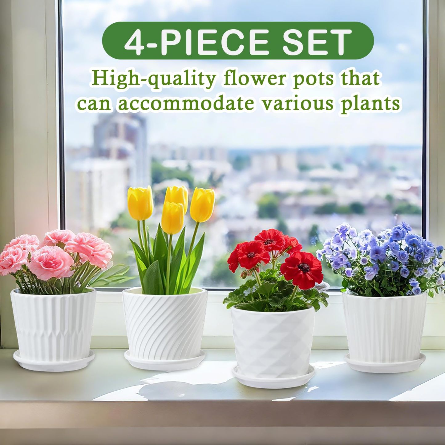4 Pack 5.5 Inch White Ceramic Planter Set – Cylinder Pots with Connected Saucer  for Succuelnt and Little Snake Plants