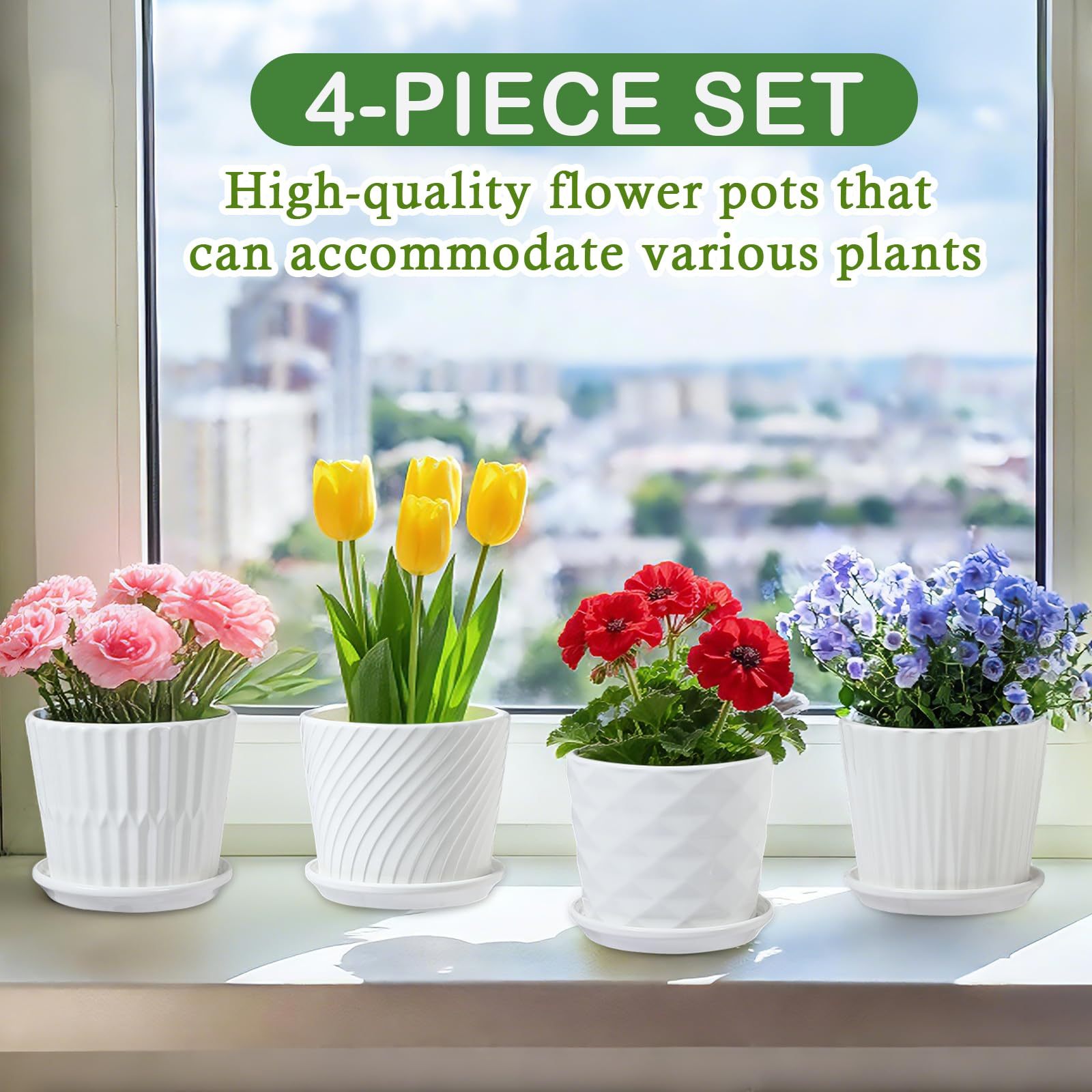4 Pack 5.5 Inch White Ceramic Planter Set – Cylinder Pots with Connected Saucer  for Succuelnt and Little Snake Plants