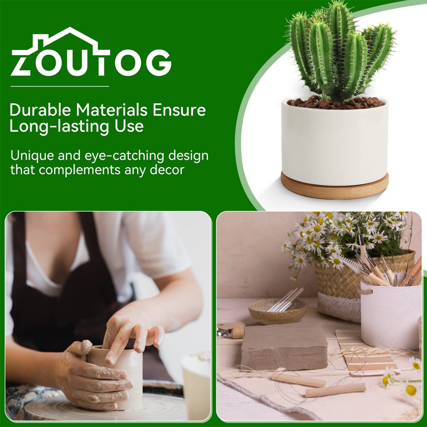 Ceramic Succulent Pots, 3.6 Inch Small Ceramic Plant Pots – 6 Pack White Succulent Planters with Drainage & Bamboo Tray for Home & Office