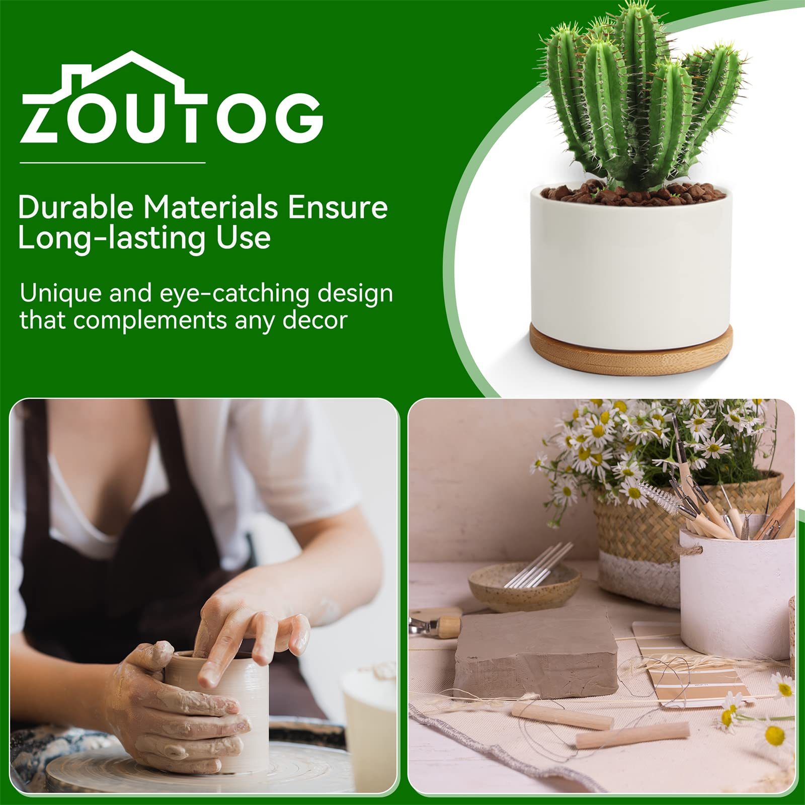 Ceramic Succulent Pots, 3.6 Inch Small Ceramic Plant Pots – 6 Pack White Succulent Planters with Drainage & Bamboo Tray for Home & Office