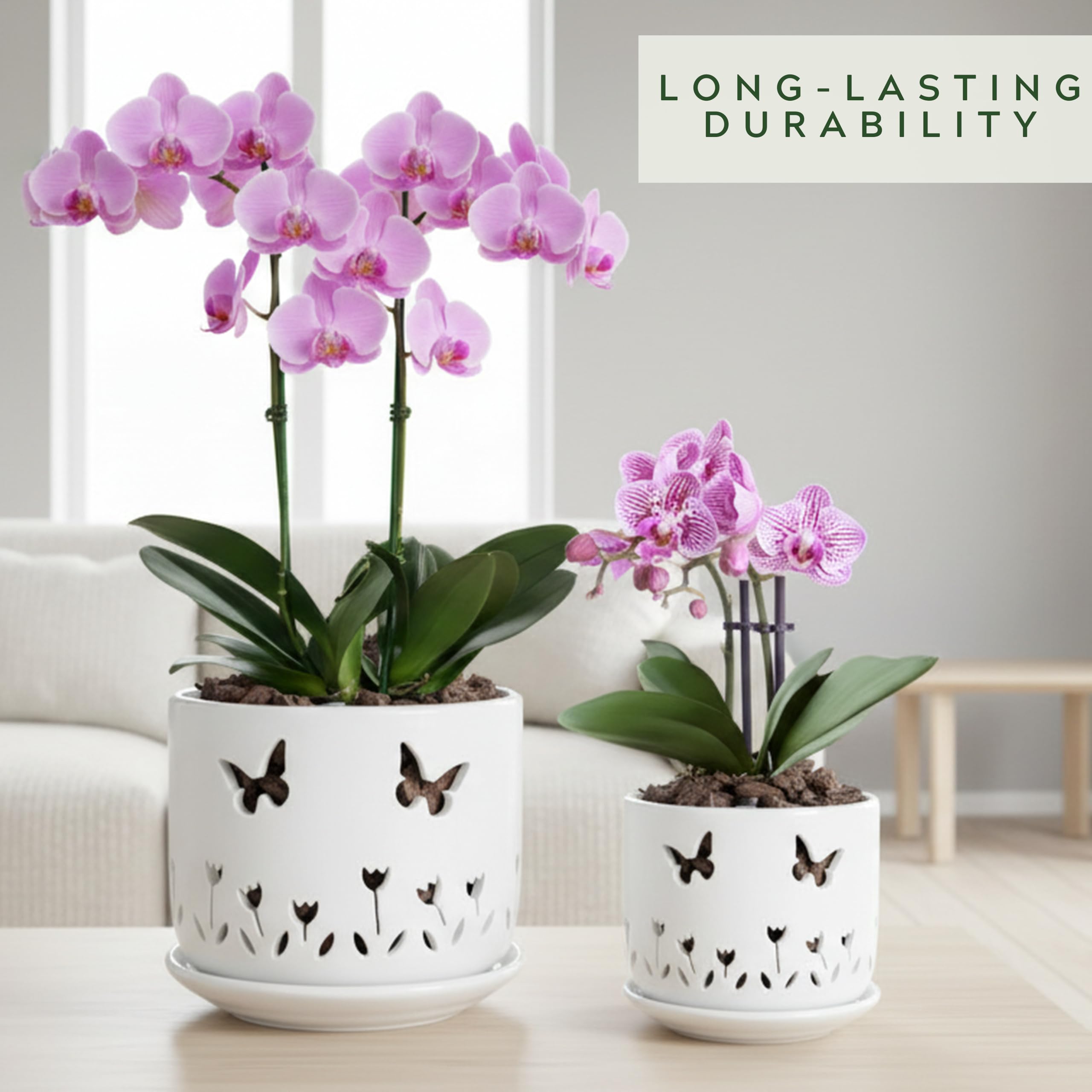2 Pack White Ceramic Orchid Pots with Butterfly & Tulip Design, 5+6 Inch Planters with Drainage Holes & Saucers for Indoor Outdoor Repotting