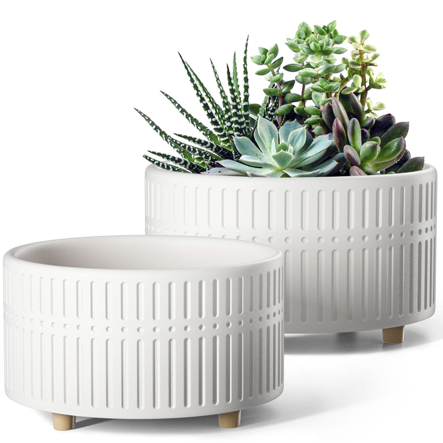 Succulent Pots Set of 2, 6.5+8 Inch Matte White Ceramic Planters, Shallow Round Succulent Planters with Drainage Hole for Indoor Use