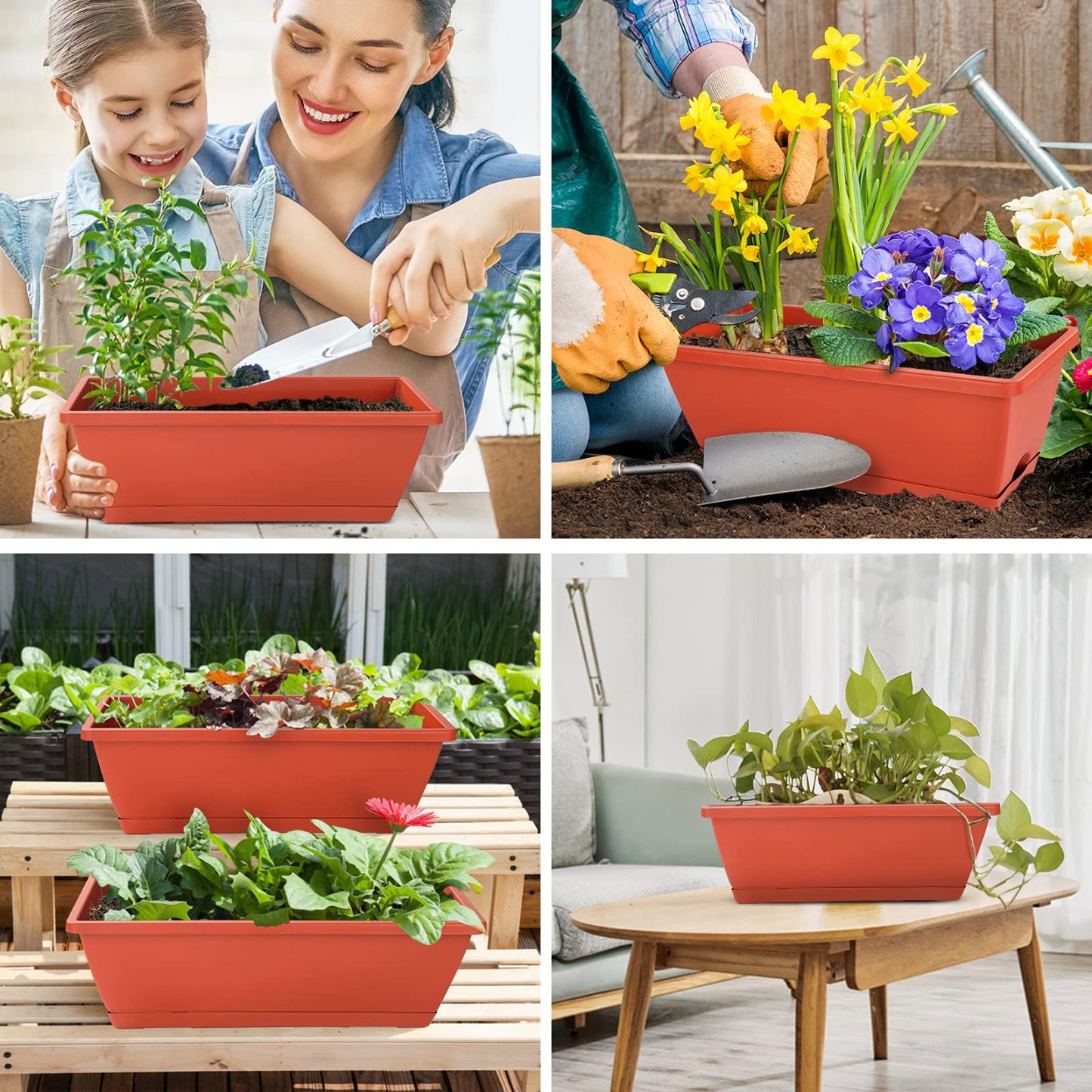 7 Pack 17 Inch Rectangular Plastic Window Box Planters with Saucers, Vegetable & Flower Planter Pots for Indoor Outdoor Garden, Patio & Home Decor