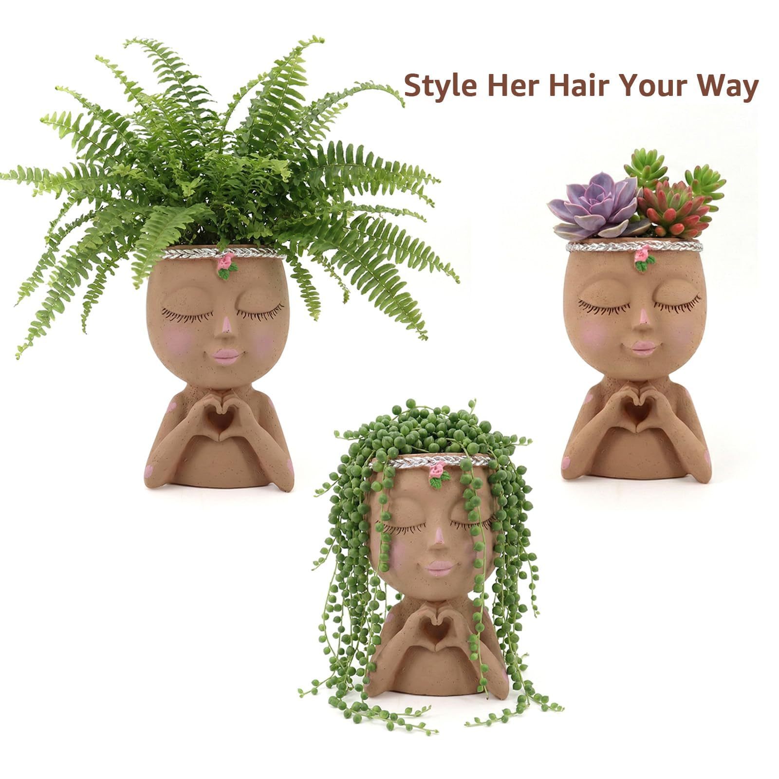 7.3" Heart Hands Face Planter Pot, Resin Head Planter with Drainage Hole, Cute Succulent Planter for Indoor Plants, Gardening Gift for Women, Mom & Teacher