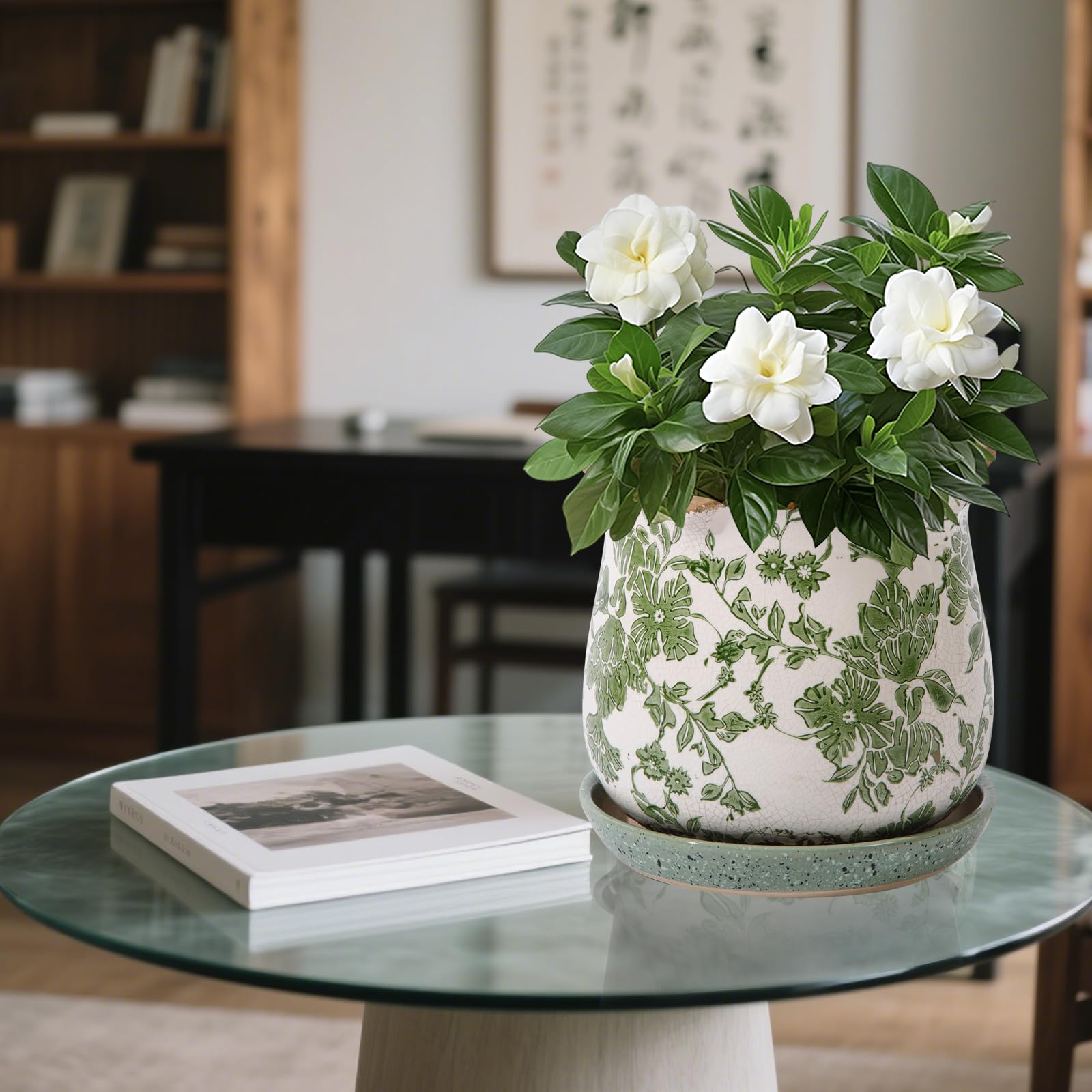 6 Inch Vintage Ice Crack Glaze Ceramic Planters with Saucer & Drainage Holes, Decorative Tuscan Flower Pots for Indoor Outdoor Plants, Home & Garden Decor