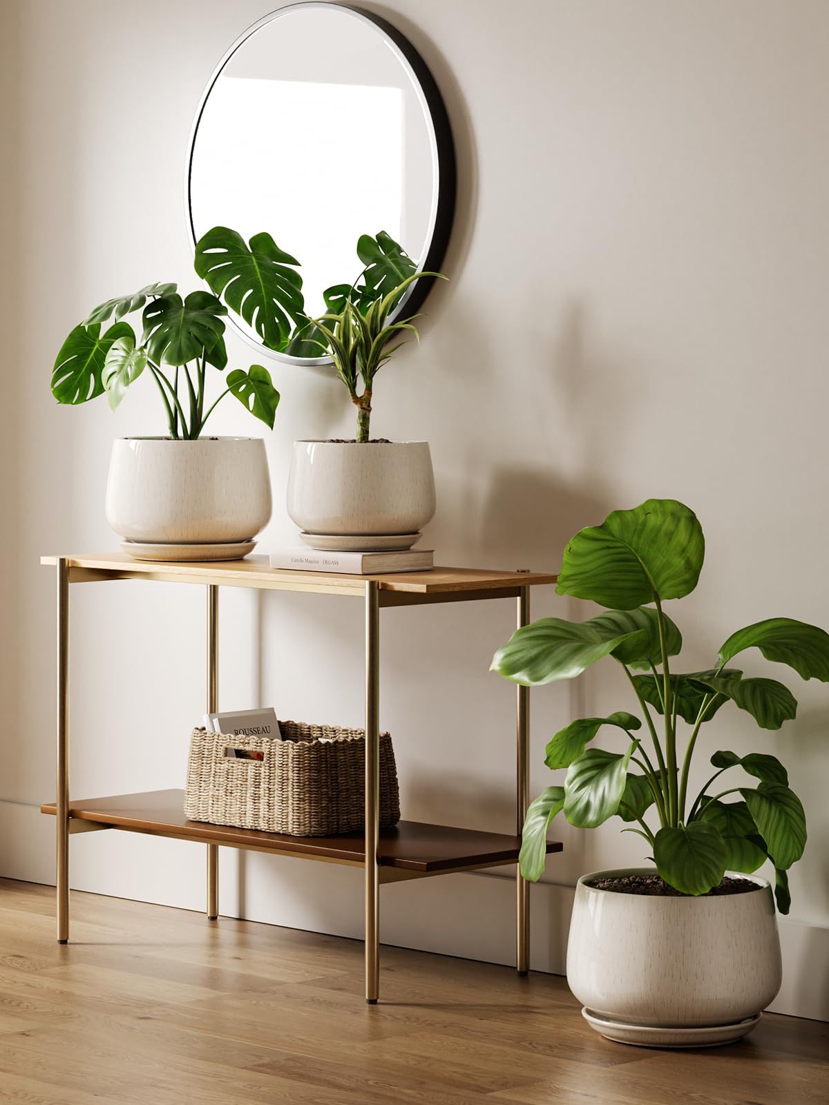 10 Inch Ceramic Planter with Drainage Hole & Saucer – Reactive Glaze Beige Indoor Plant Pot for Modern Home Decor
