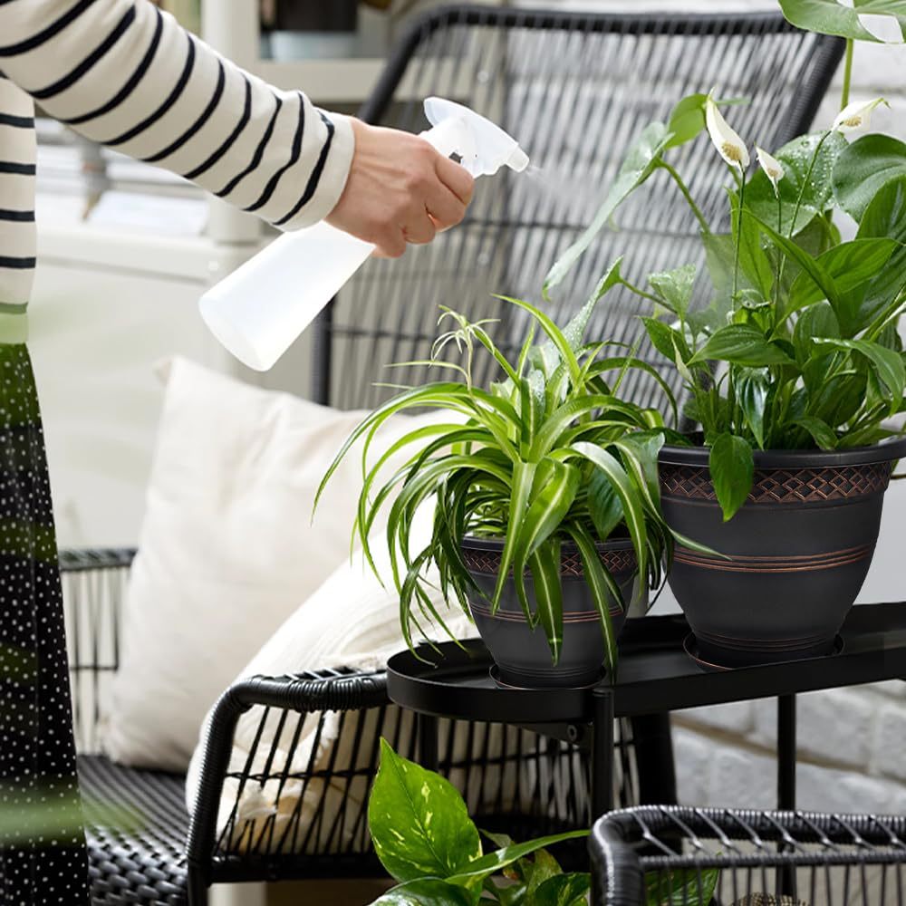 4 Pack 10 Inch Plastic Plant Pots with Drainage Holes & Saucers, Plaid Pattern Planters for Indoor Outdoor Herbs & Garden