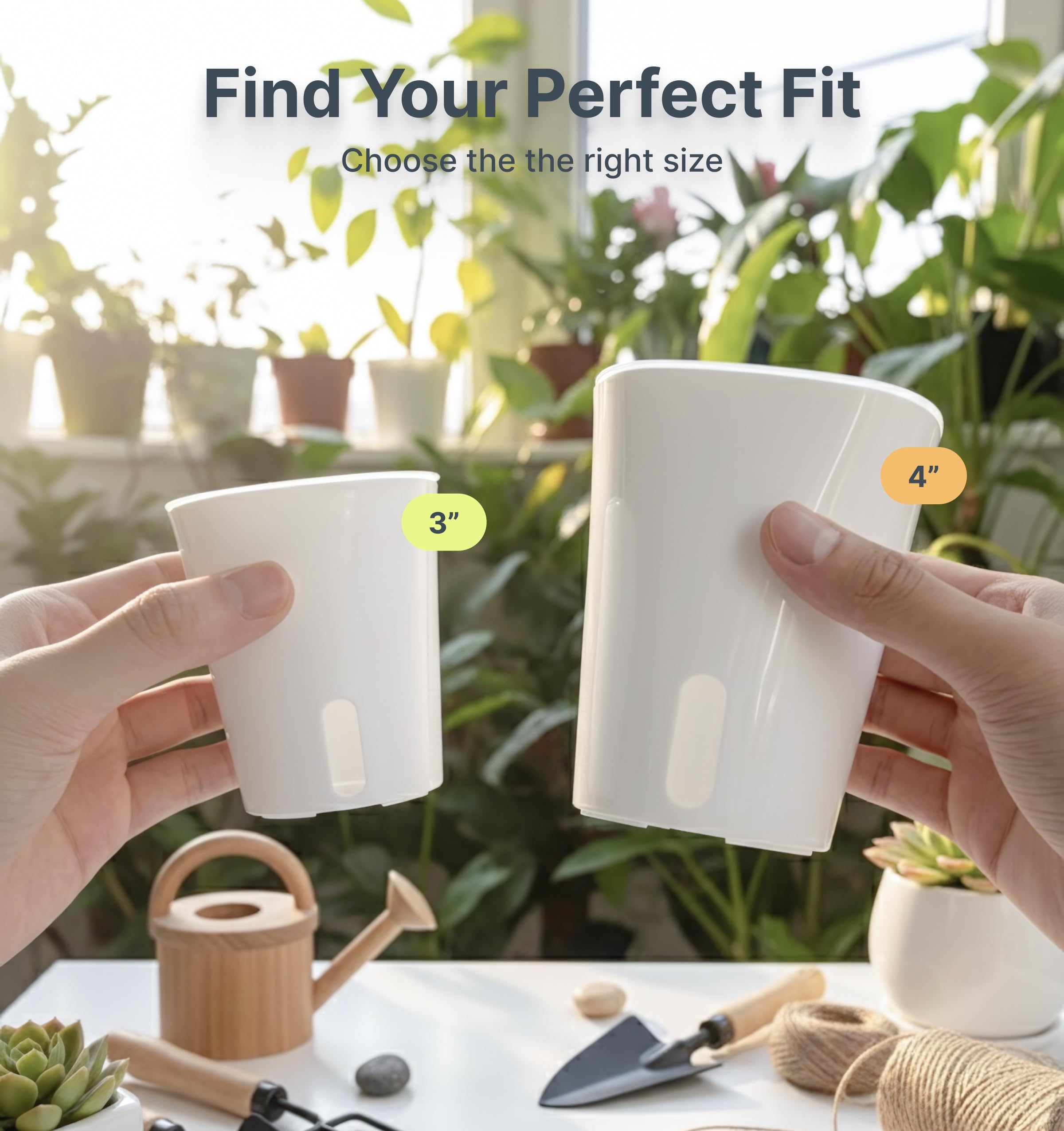 8 Pack 4" Self Watering Pots for Indoor Plants, Clear Inner Cup with Water Level Indicator, White Plastic Planters with Drainage Holes + Extra 3ft Wick – Ideal for Cuttings, Seedlings, Herbs & African Violets