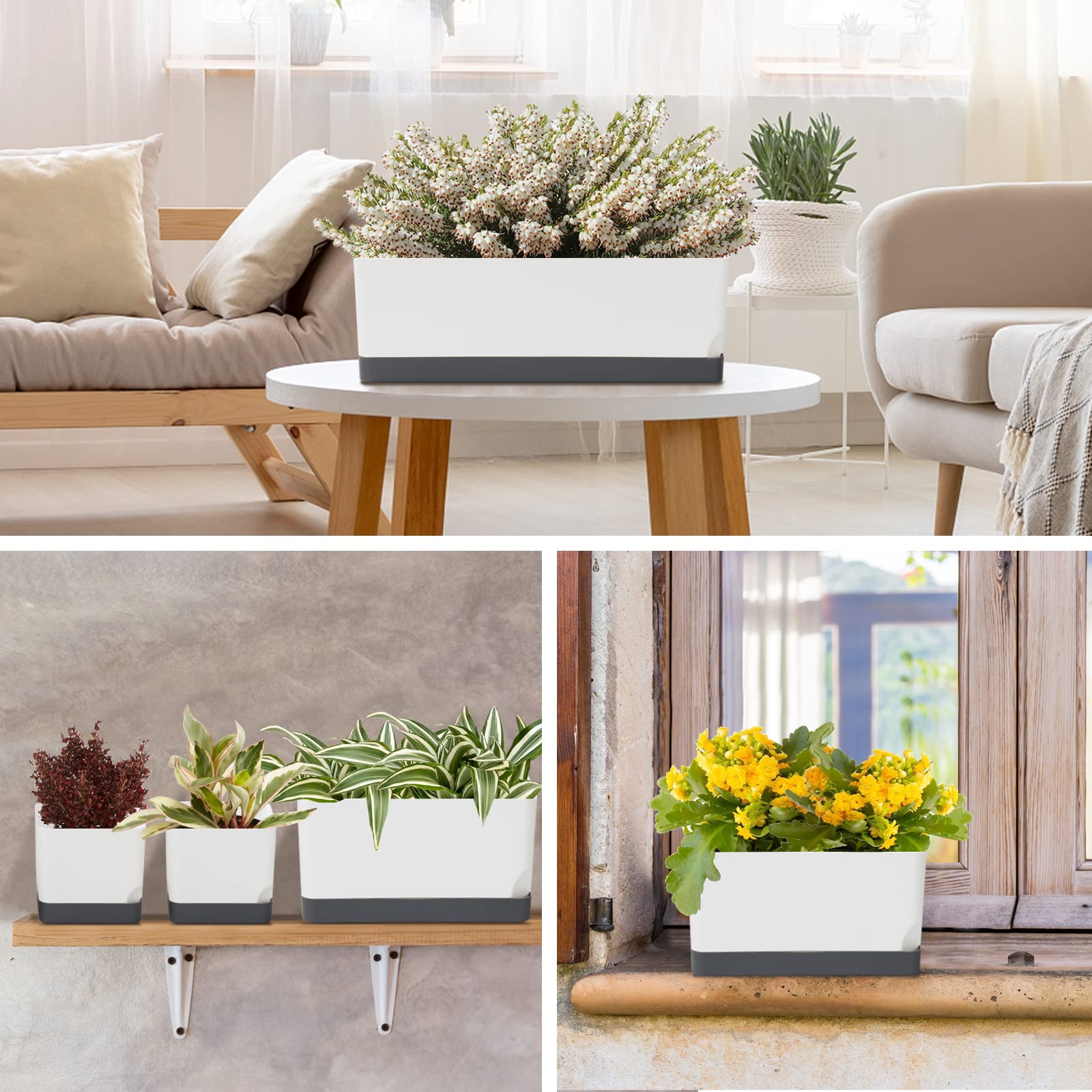 7-Pack Self-Watering Plastic Planters for Indoor Plants | 4+8+17 Inch Rectangular Window Boxes with Drainage Trays & Saucers
