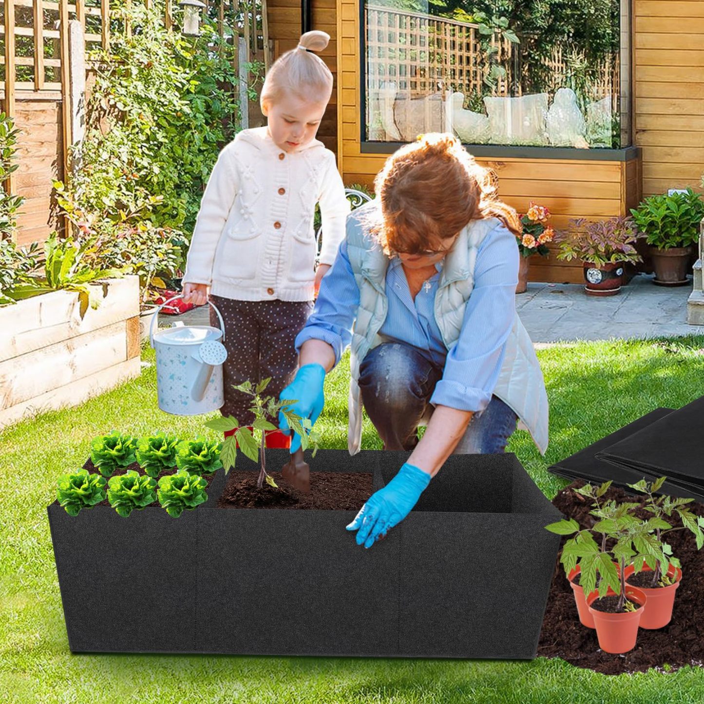 3 Pack Fabric Raised Garden Bed, 22 Gallon 3 Grids Planter Bag with Handles, Breathable Growing Bed for Vegetables, Flowers & Herbs