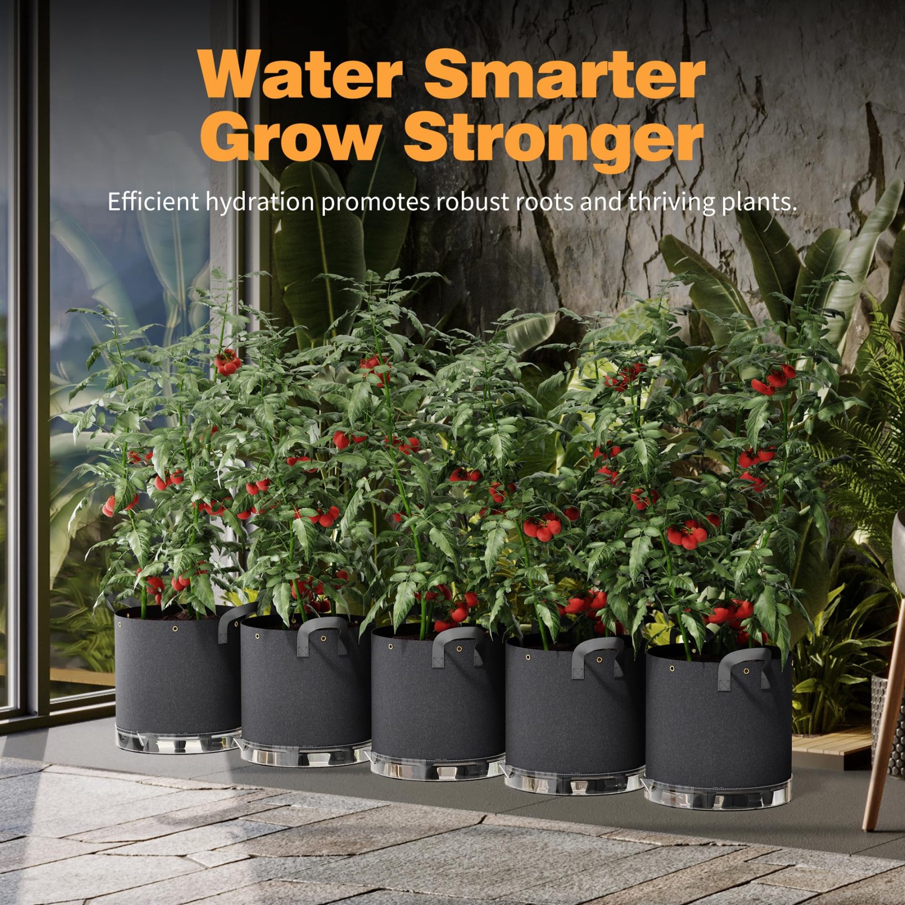 5-Pack 5 Gallon Self-Watering Grow Bags, 420G Thick Nonwoven Fabric Pots with Reinforced Handles & Multi-Purpose Rings for Low Stress Plant Training (Fruits, Vegetables, Flowers)