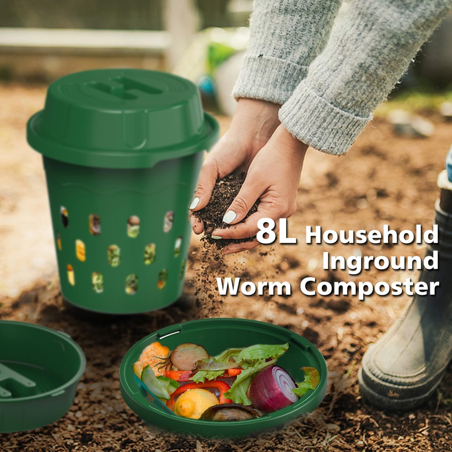 2-Pack 8L Inground Worm Composter, Outdoor Worm Farm for Garden Beds, Home Vermicomposting Bin for Beginners, Green (9.5x9.5x10.8 Inch)