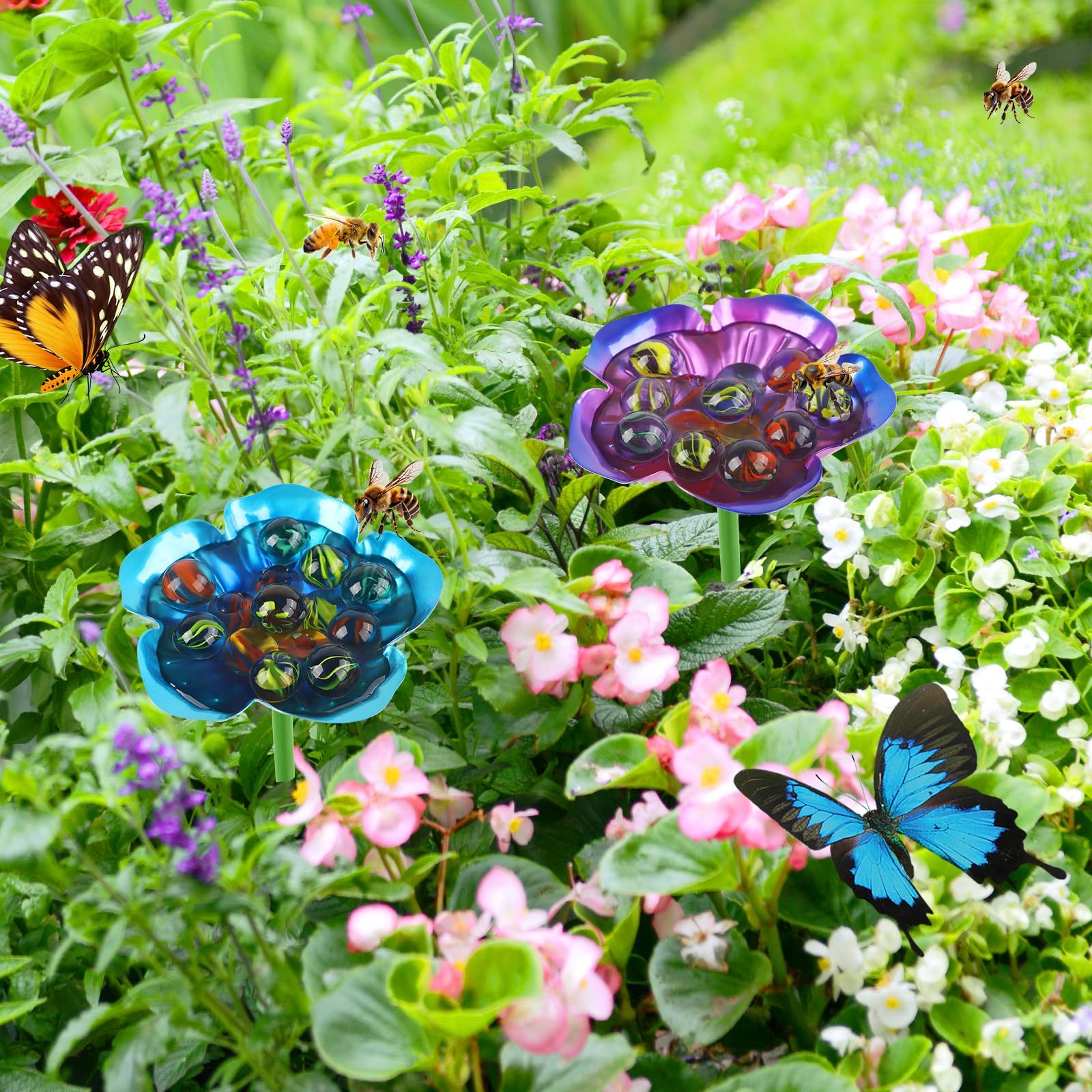 4 Pack Flower Shaped Bee Watering Station, Metal Bee Feeder with Glass Marbles, Outdoor Garden Butterfly & Bee Waterer Yard Decor