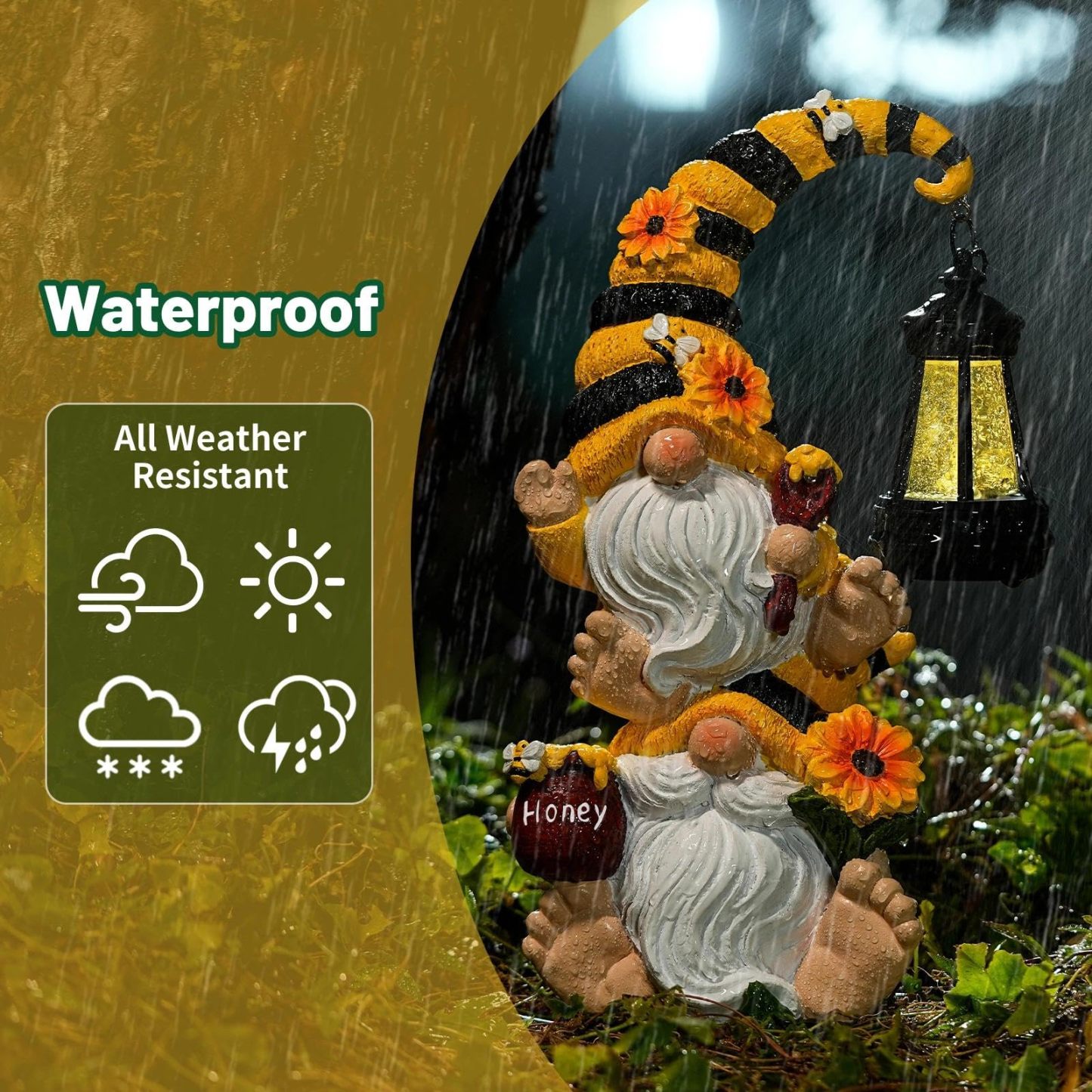 Solar Stacked Bee Gnome Statue with LED Lantern, Waterproof Resin Outdoor Yard Patio Decor, Unique Gift for Women, Mom and Grandma