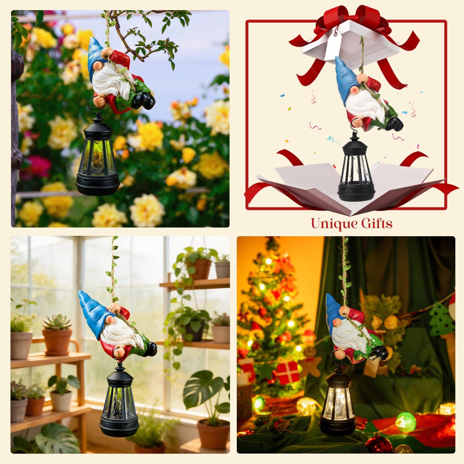 Solar Climbing Rope Gnome Tree Hugger with LED Lantern, Hanging Outdoor Yard Porch Wall Decor, Gift for Mom and Women