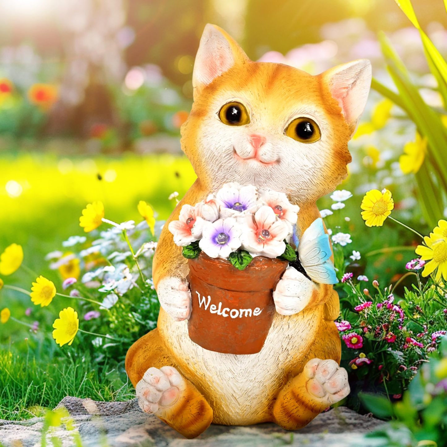 Solar Cat Flower Pot Garden Statue, Outdoor Decorative Cat Figurine for Patio, Yard, Lawn & Balcony, Ideal Birthday Gardening Gift for Women, Mom, Grandma and Seniors