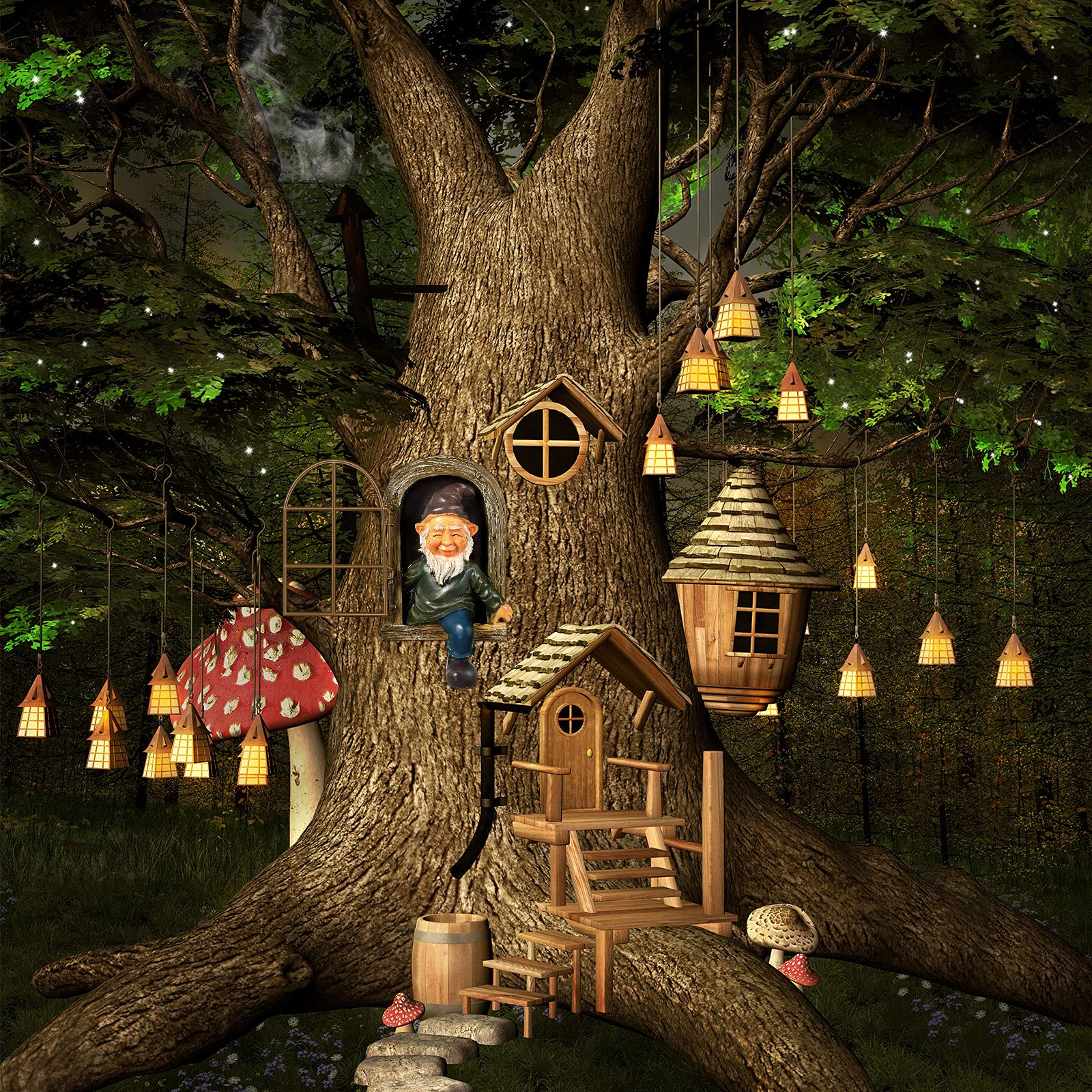 4Pcs Rustic Tree Hugger Gnomes Outdoor Decor, Resin Elf Fairy Tree Face Figurines with Hanging Ladder, Tree Hugging Ornaments for Patio Yard Lawn Garden