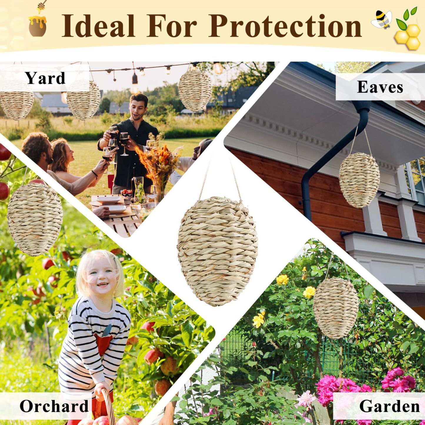 4Pcs Fake Wasp Hornet Nest Decoy, Woven Reed Waterproof, Patio Garden Eaves Decor & Wasp Deterrent