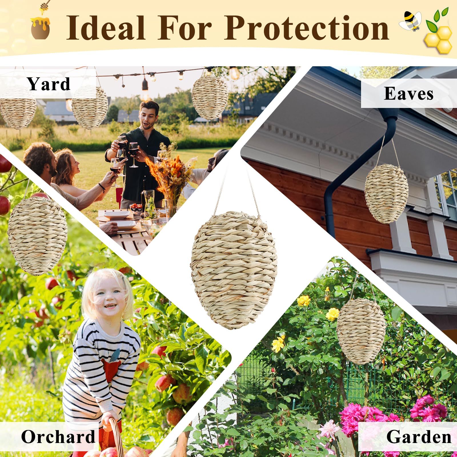 4Pcs Fake Wasp Hornet Nest Decoy, Woven Reed Waterproof, Patio Garden Eaves Decor & Wasp Deterrent