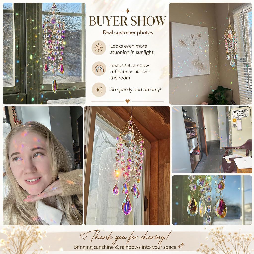 Handmade Gold Plated Crystal Suncatchers | Window Hanging Rainbow Prism Sun Catcher, Indoor Outdoor Garden Wind Chime Decor