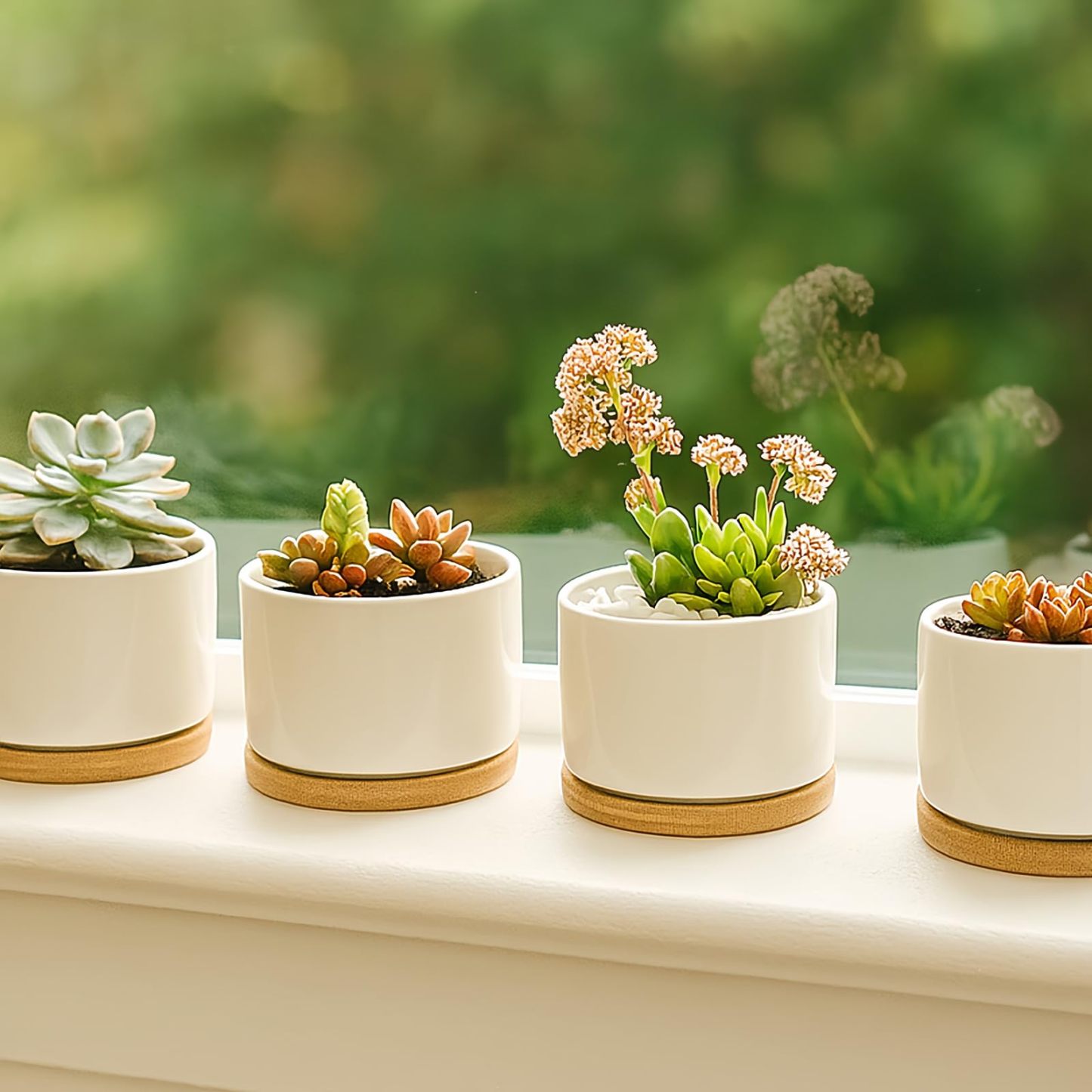 Ceramic Succulent Pots, 3.6 Inch Small Ceramic Plant Pots – 6 Pack White Succulent Planters with Drainage & Bamboo Tray for Home & Office