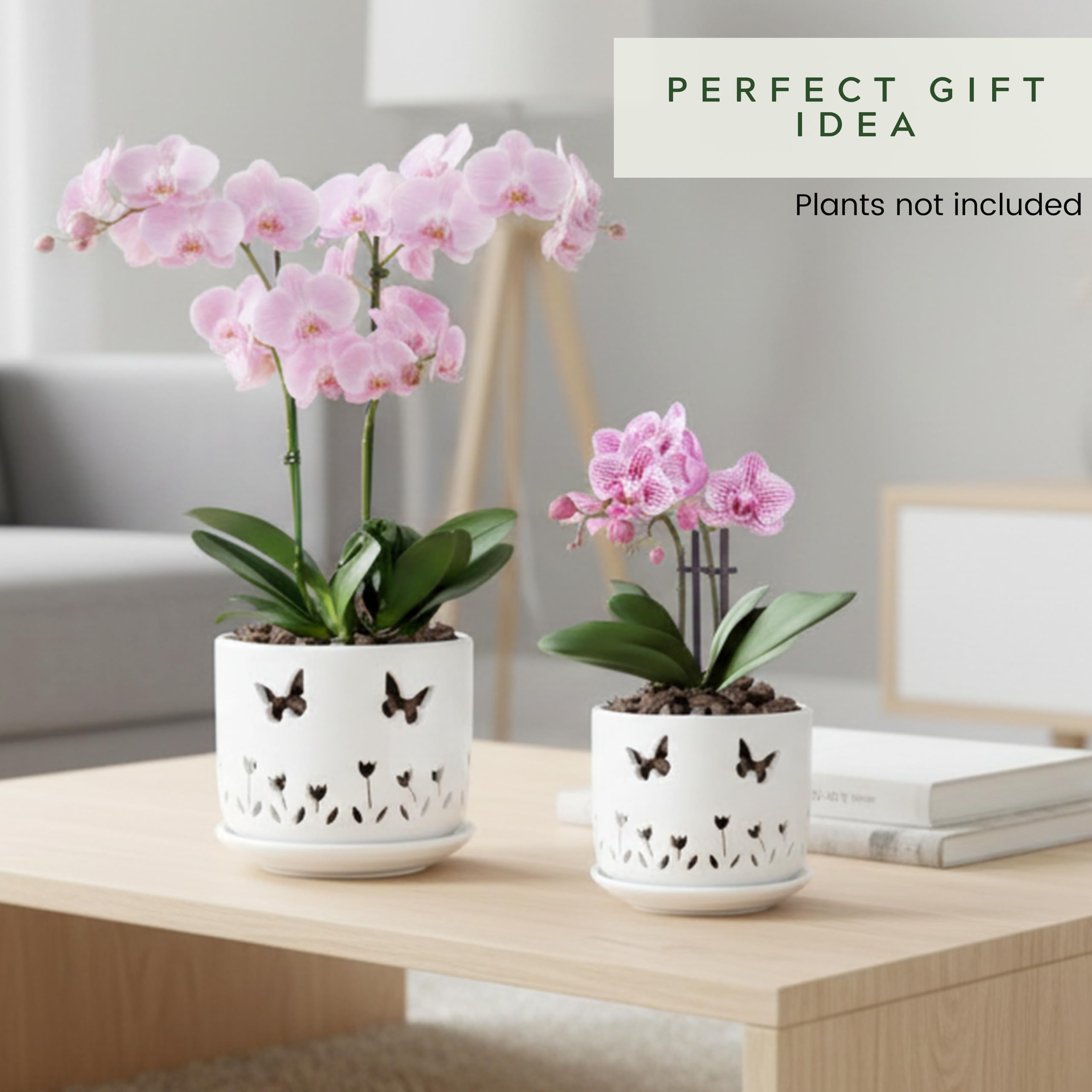 2 Pack White Ceramic Orchid Pots with Butterfly & Tulip Design, 5+6 Inch Planters with Drainage Holes & Saucers for Indoor Outdoor Repotting