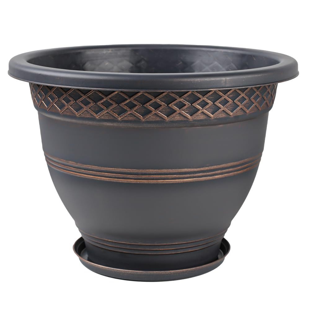 4 Pack 10 Inch Plastic Plant Pots with Drainage Holes & Saucers, Plaid Pattern Planters for Indoor Outdoor Herbs & Garden