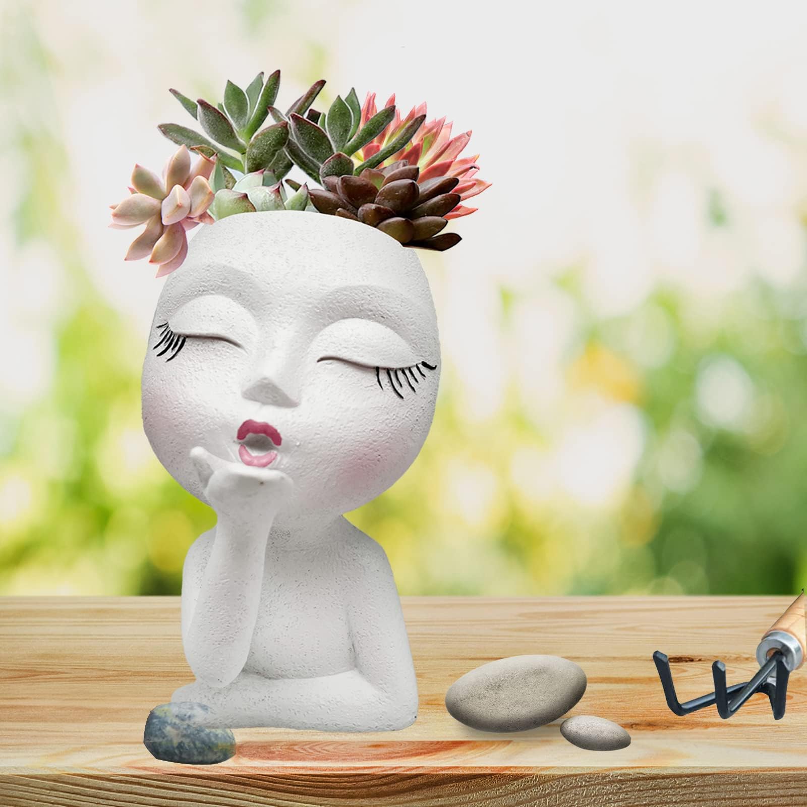 Handmade Face Planter Pot, Standing Air Kiss Head Planter for Trailing Plants & Succulents, Resin Funny Face Planter with Anti-Friction Pads, White 1 Pack