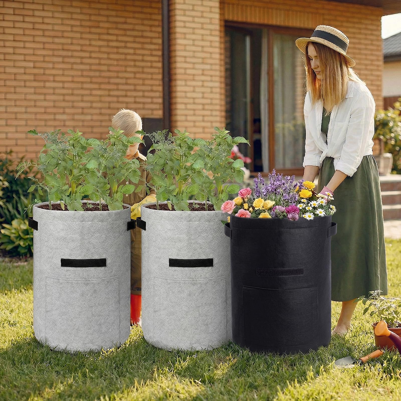 4 Pack 10 Gallon Potato Grow Bags with Harvest Flap & Handles, Planting Pots for Potato, Tomato & Vegetables (Black & Gray)