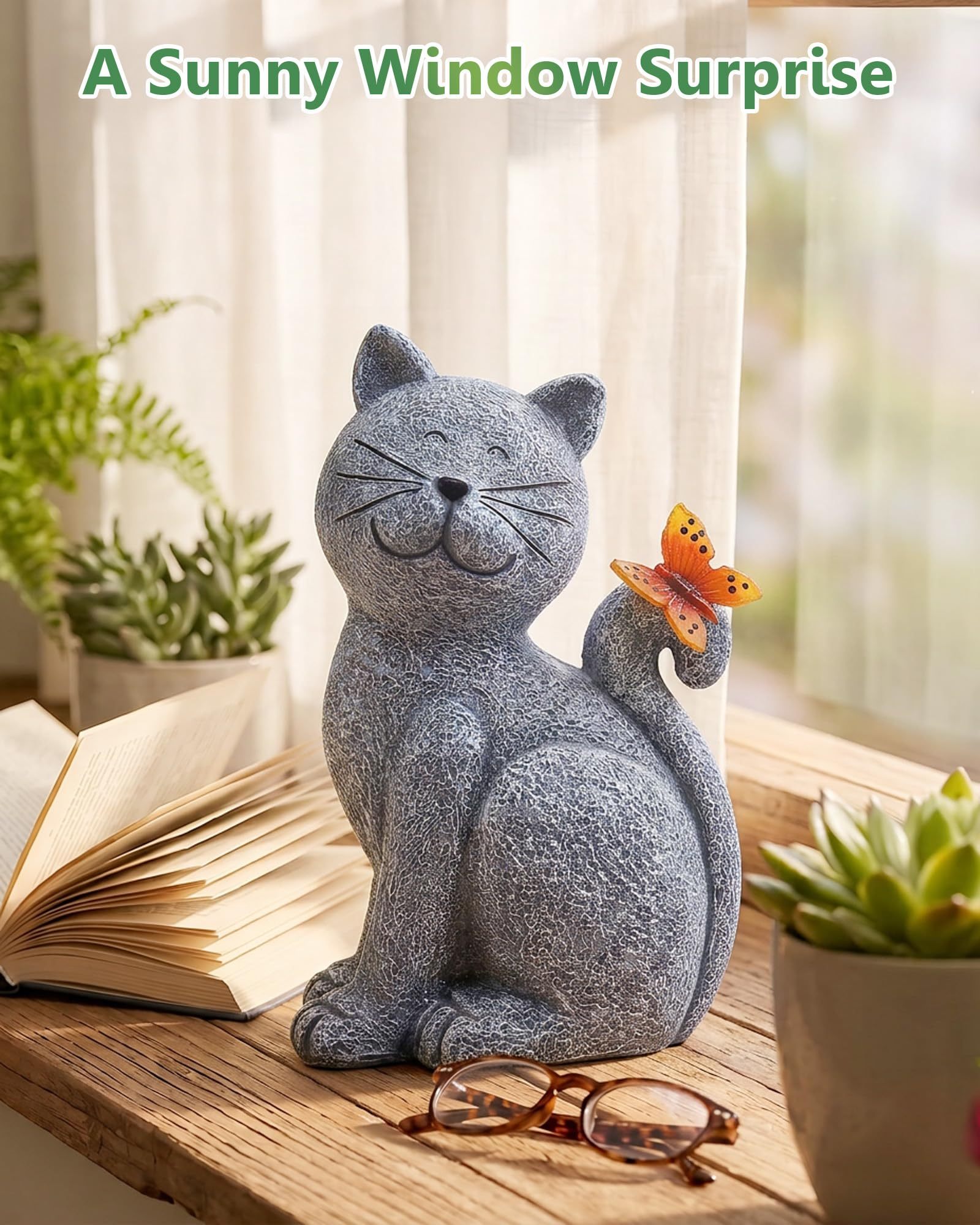 Cat Garden Statue with Butterfly, Outdoor Yard Lawn Patio Decor Ornament, Ideal Gift for Mom, Grandma and Women