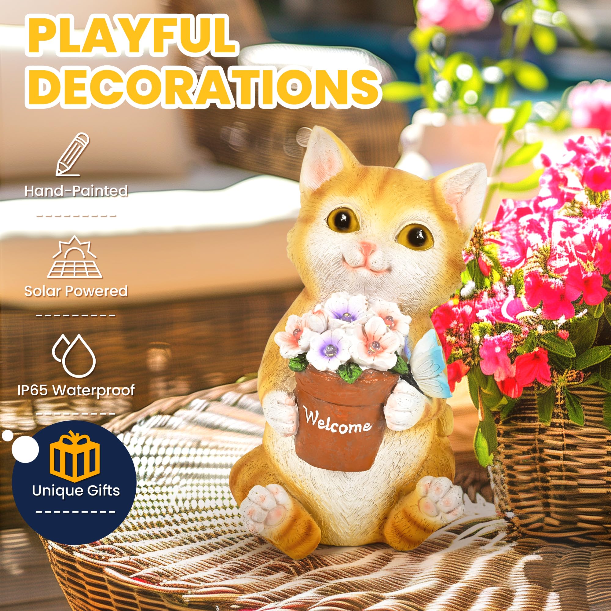 Solar Cat Flower Pot Garden Statue, Outdoor Decorative Cat Figurine for Patio, Yard, Lawn & Balcony, Ideal Birthday Gardening Gift for Women, Mom, Grandma and Seniors