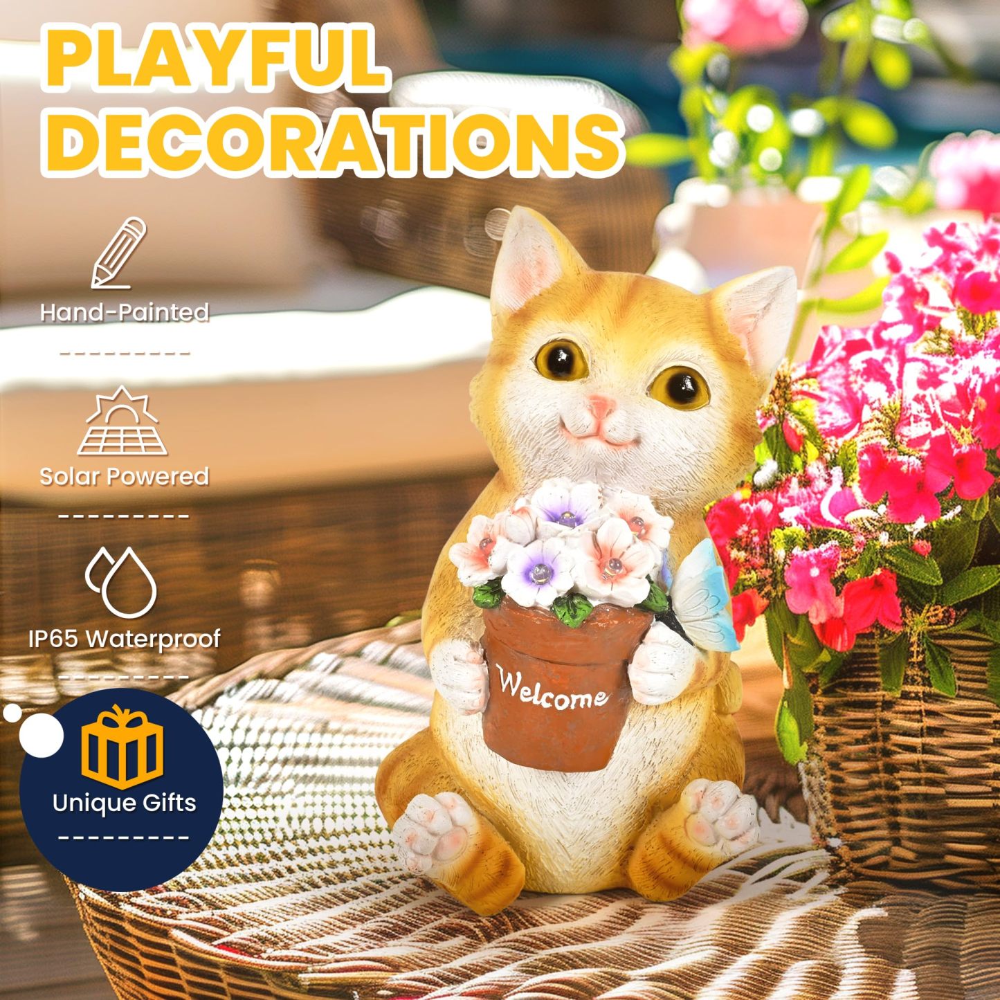 Solar Cat Flower Pot Garden Statue, Outdoor Decorative Cat Figurine for Patio, Yard, Lawn & Balcony, Ideal Birthday Gardening Gift for Women, Mom, Grandma and Seniors