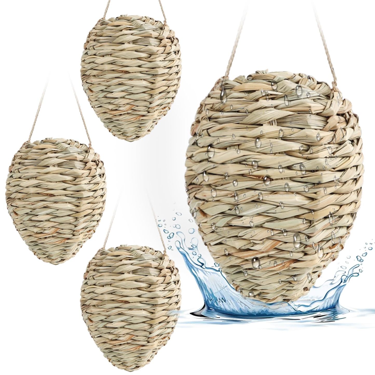 4Pcs Fake Wasp Hornet Nest Decoy, Woven Reed Waterproof, Patio Garden Eaves Decor & Wasp Deterrent