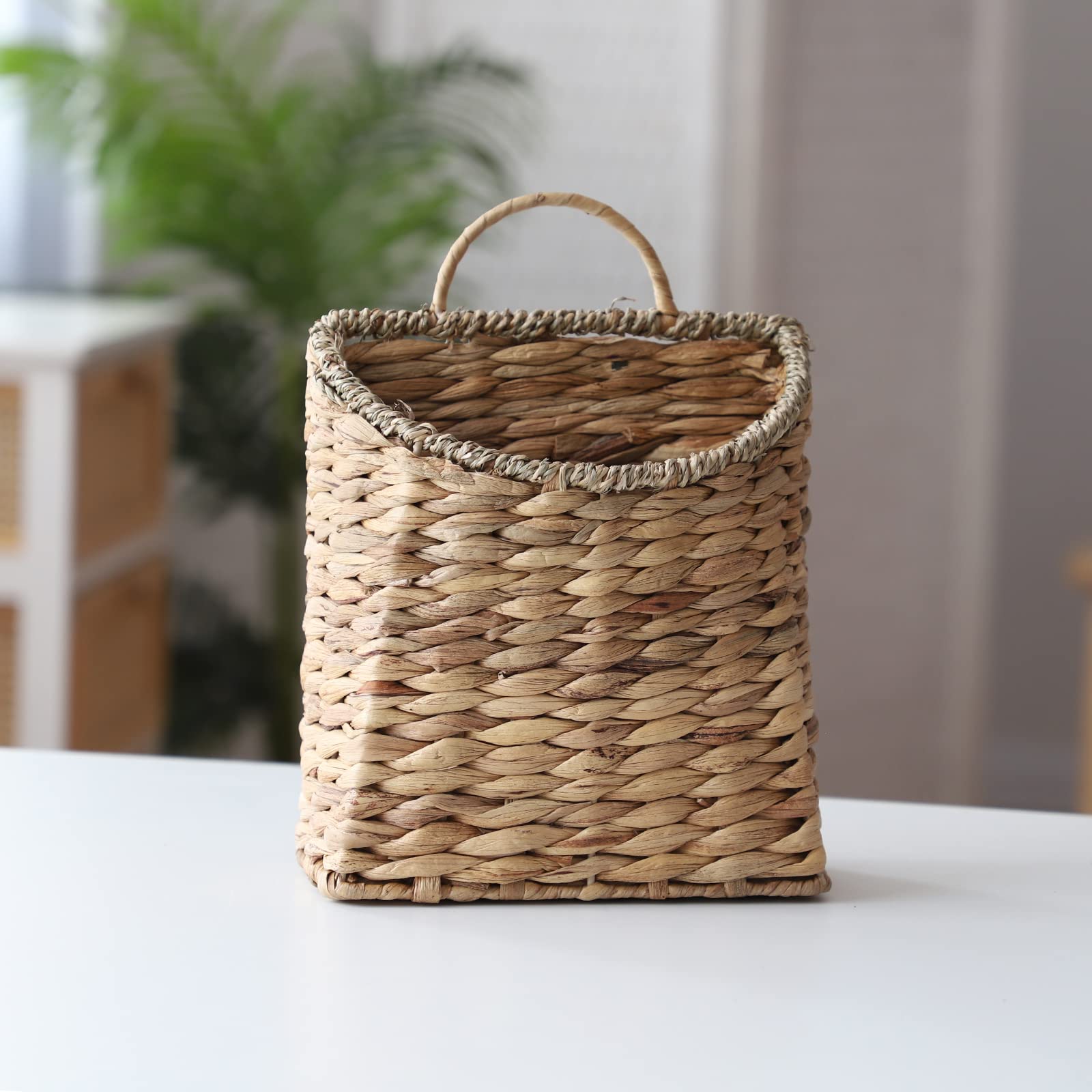 Water Hyacinth Woven Hanging Basket, Seagrass Mouth Handwoven Wicker Wall Basket, Rustic Farmhouse Home Garden Decor