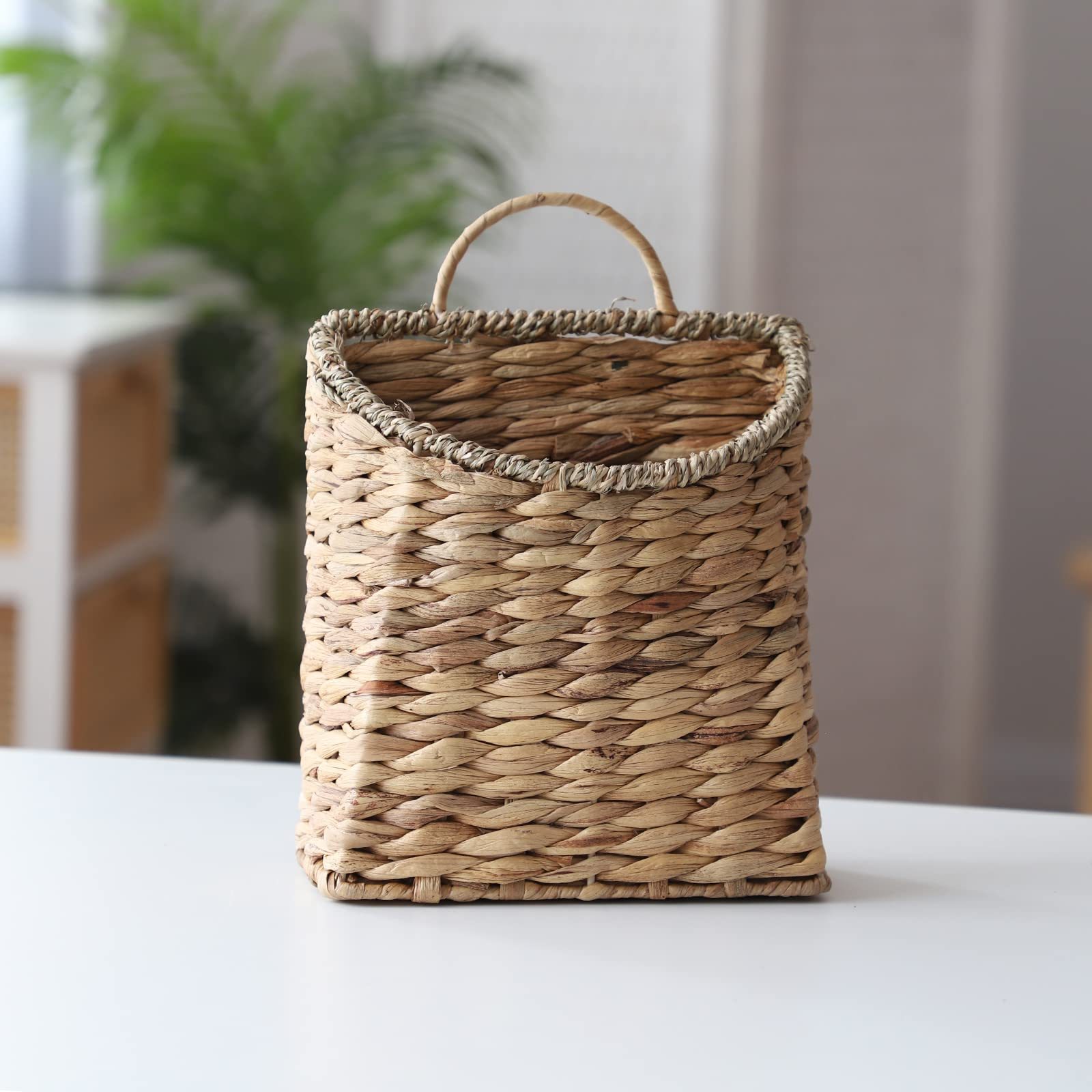 Water Hyacinth Woven Hanging Basket, Seagrass Mouth Handwoven Wicker Wall Basket, Rustic Farmhouse Home Garden Decor