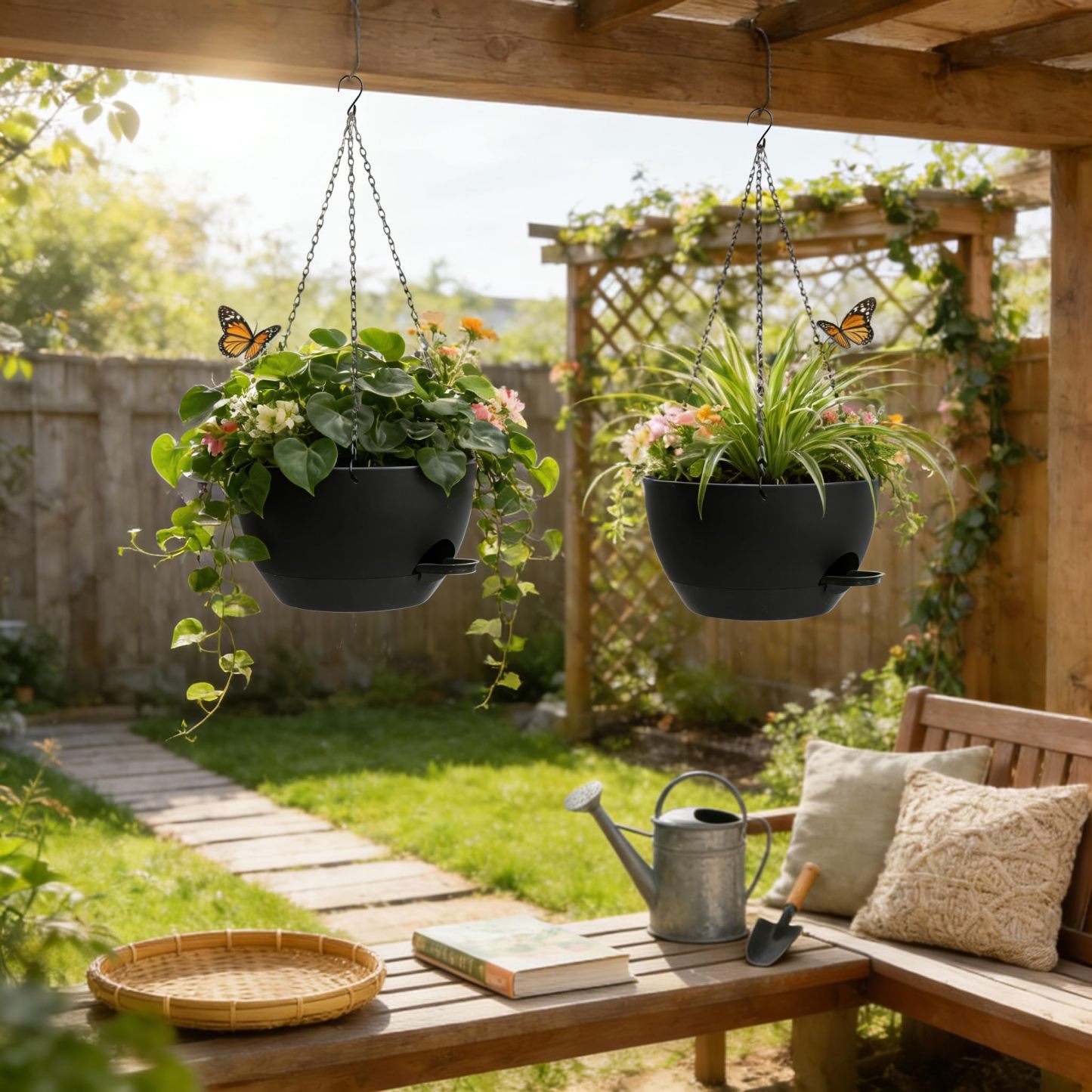 2 Pack 13 Inch Large Self Watering Hanging Planters, Plastic Hanging Plant Pots with Removable 50 Oz Water Reservoir, Indoor Outdoor Hanging Basket for Window, Porch, Garden, Balcony