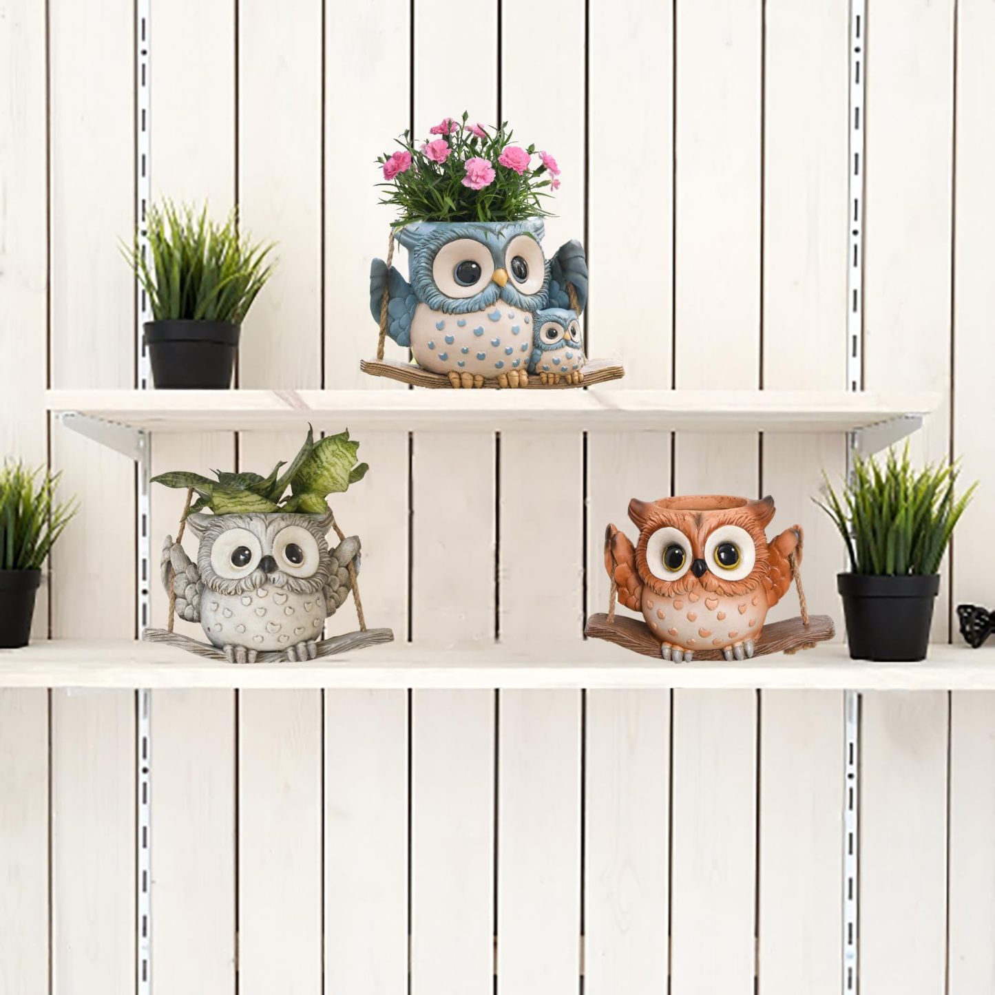 Cute Swing Owl Hanging Planters, Resin Hanging Plant Pots with Drainage Hole, Small Succulent Planter for Indoor Outdoor, Unique Plant Hanger for String of Pearls, Mother's Day Gift